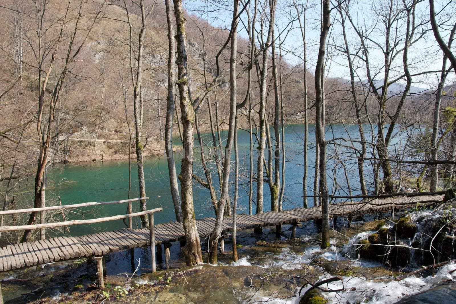 Wooden walkway at the lakes of Plitvice