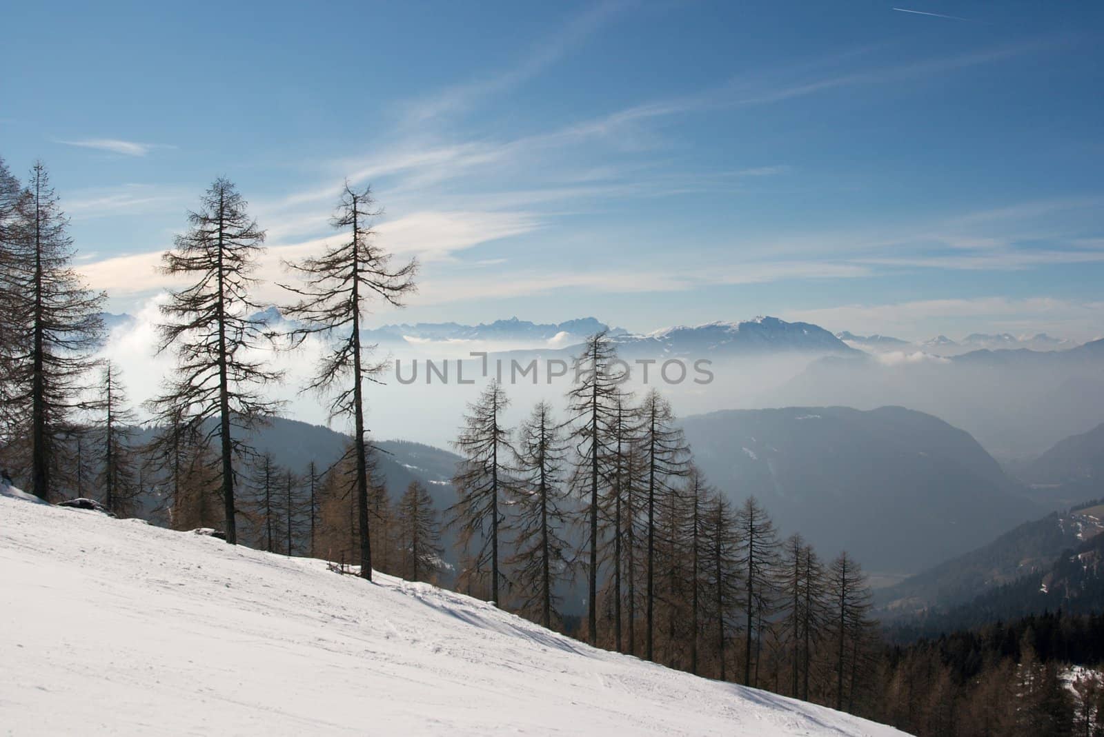 Winter mountain landscape with frost and snow