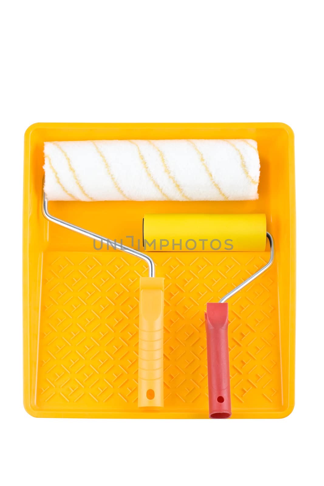 Two different paint rollers in yellow paint tray isolated over white