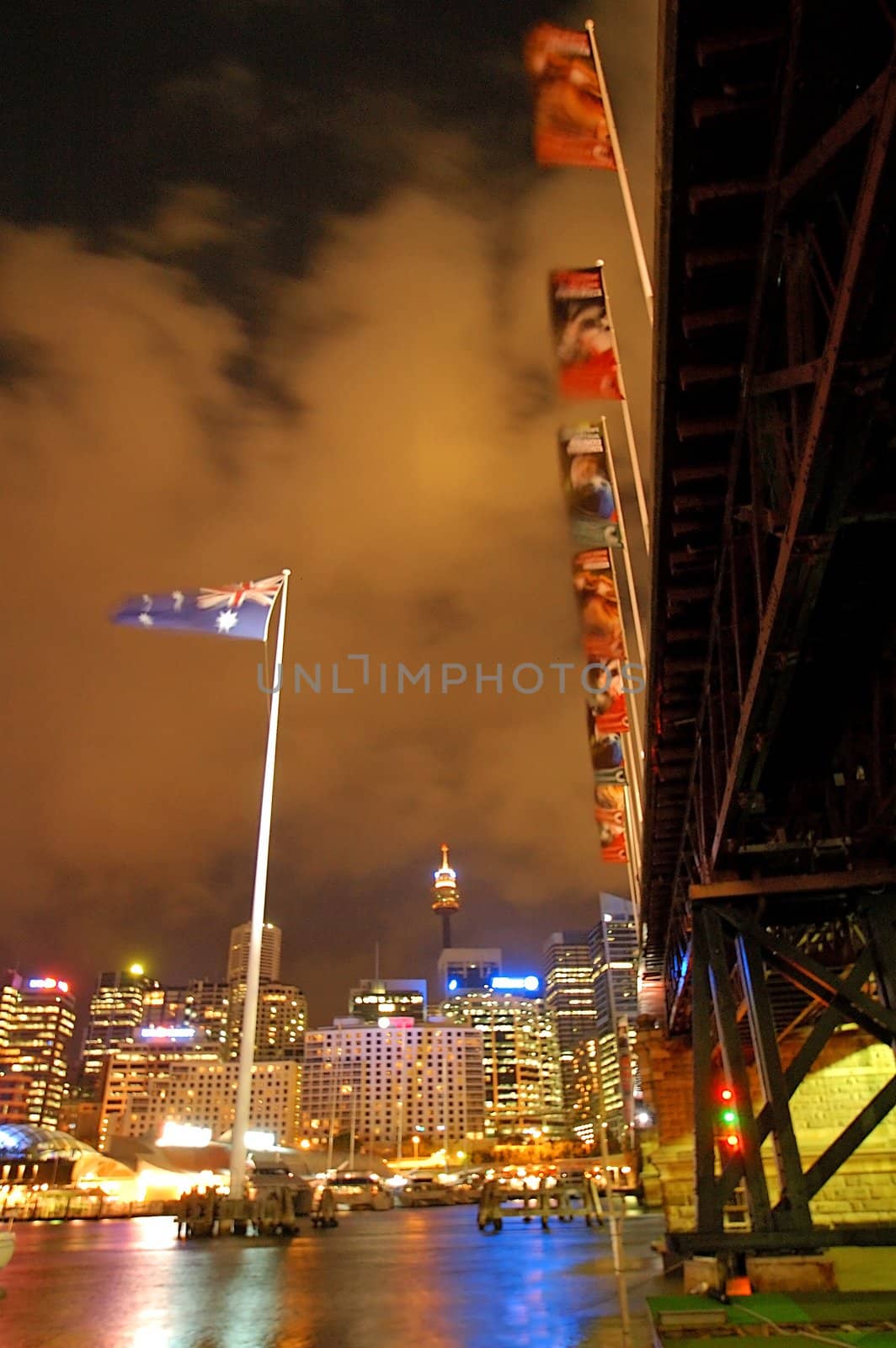 night scene of Darling Harbour, Pyrmont bridge, various colors