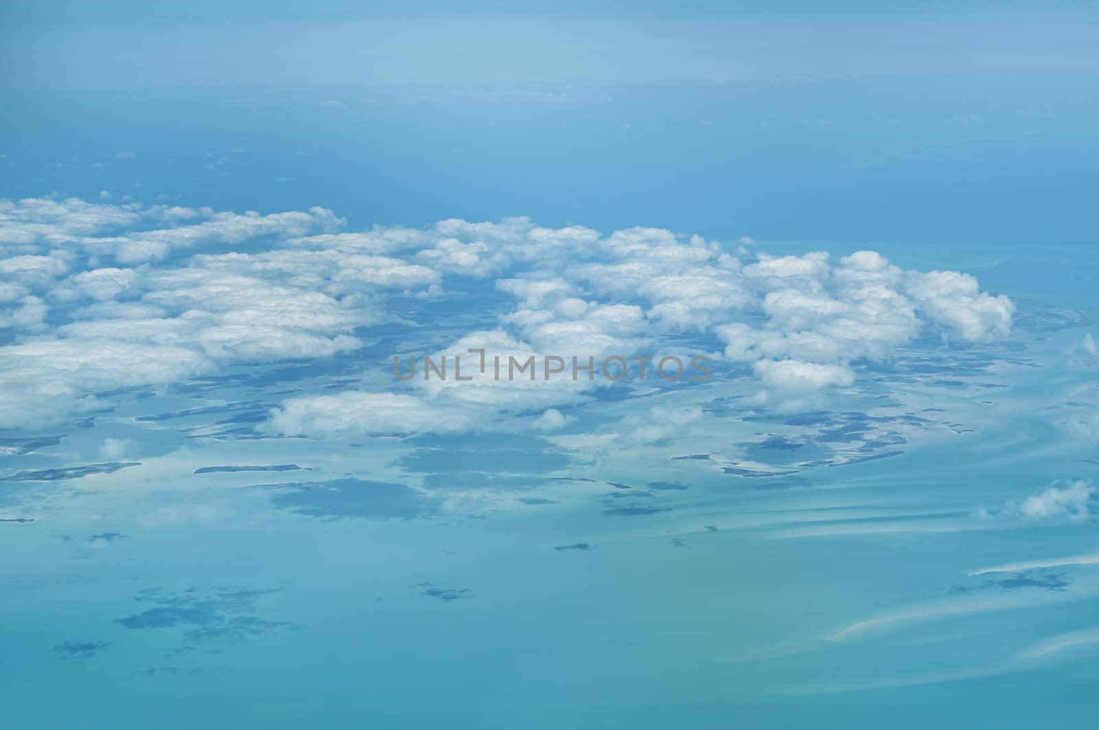 The Bahamas: aerial view of clouds and blue sea.