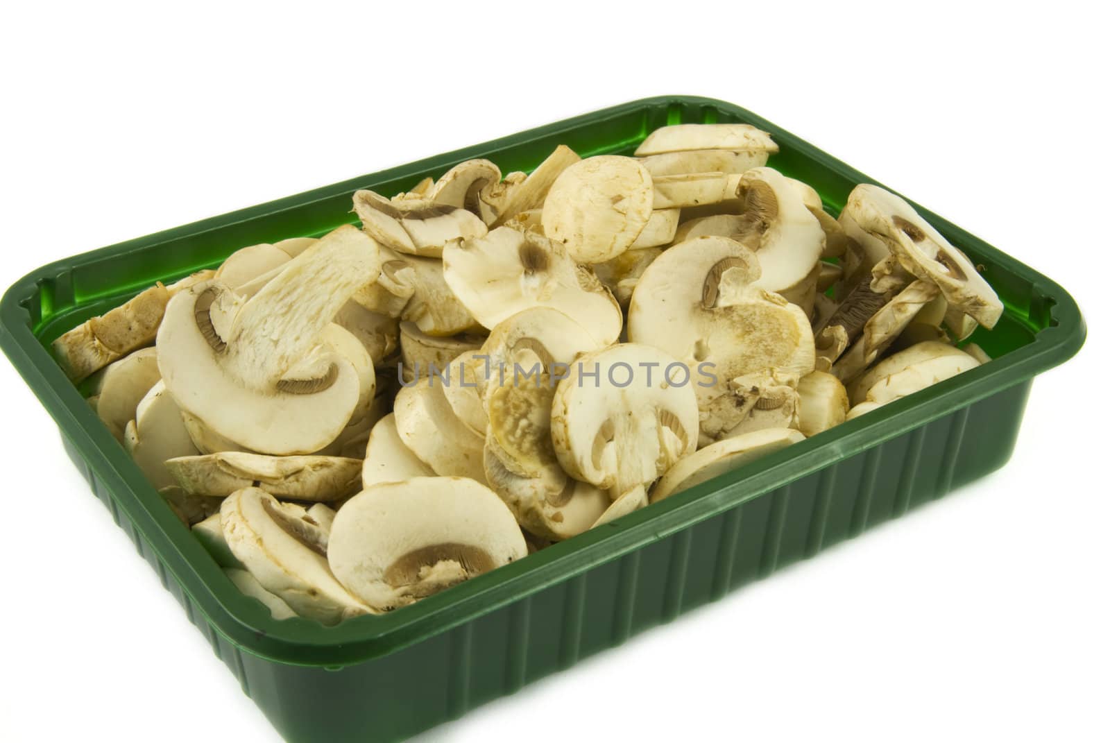 Sliced champignon mushrooms in green pack by Gertje