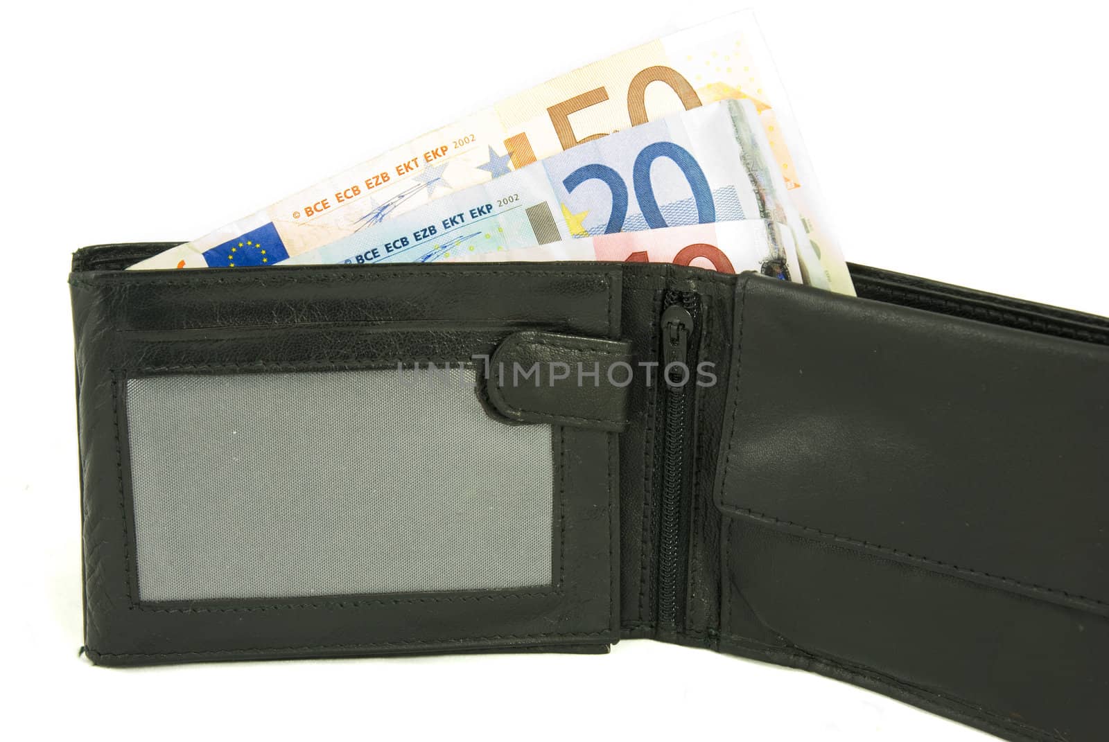 Some Euro notes in open black wallet isolated on white background