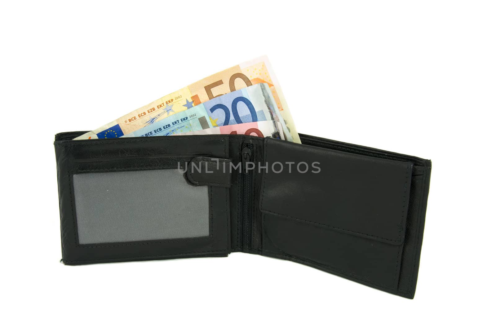 Some Euro notes in open black wallet isolated on white background