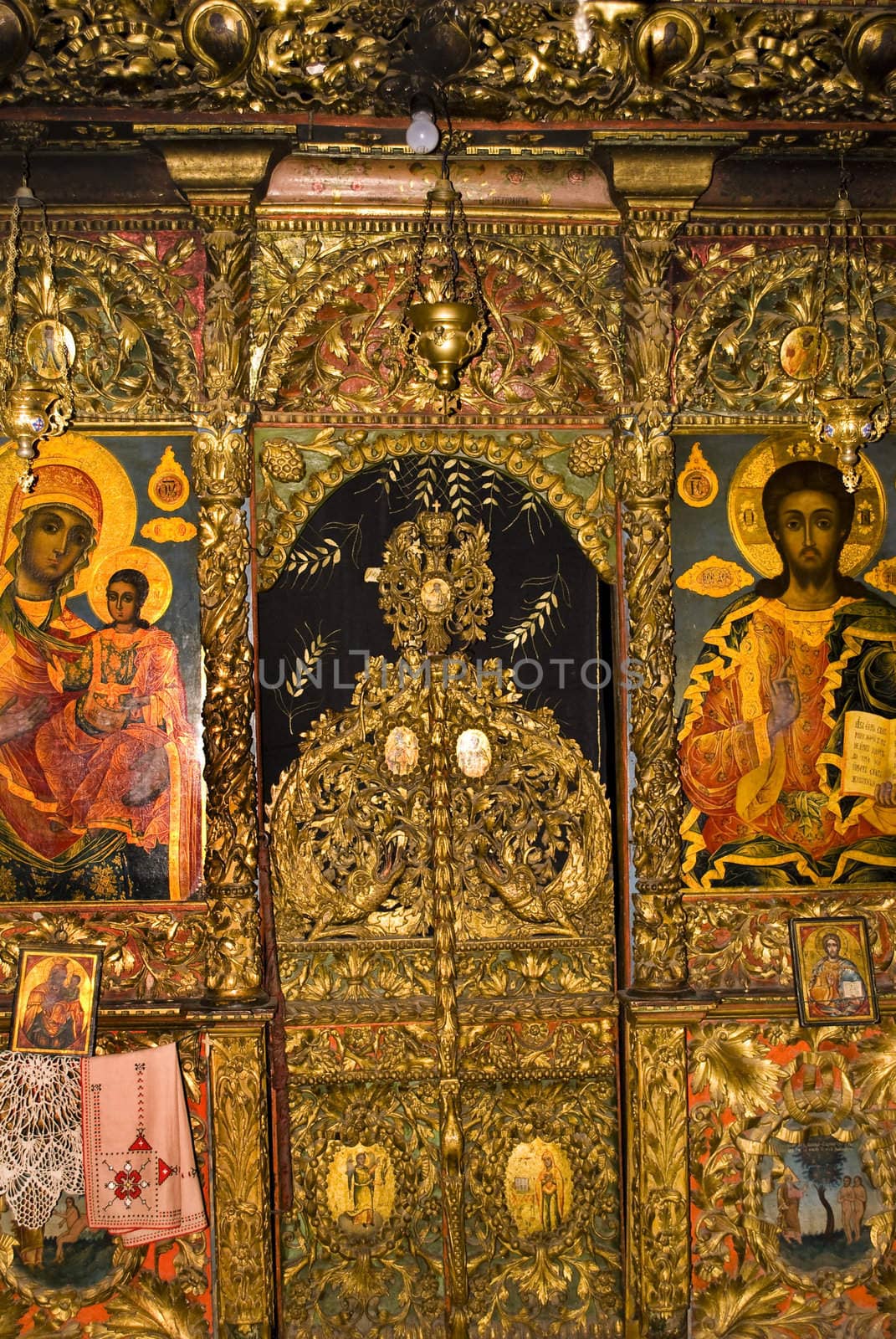 Iconography painted icons with saints on monastery wall � Preobrajenski Monastery near Veliko Turnovo Bulgaria (built in 14th century - collapsed through the ottoman - rebuilt in 19th century)