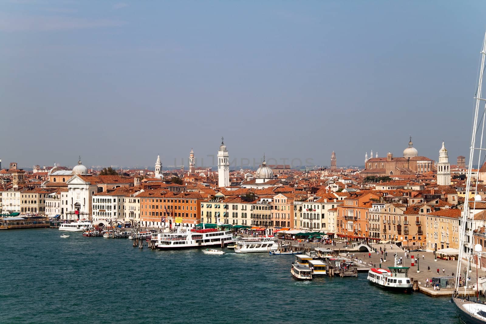 A cityscape view of Venice, Italy from high above the water.