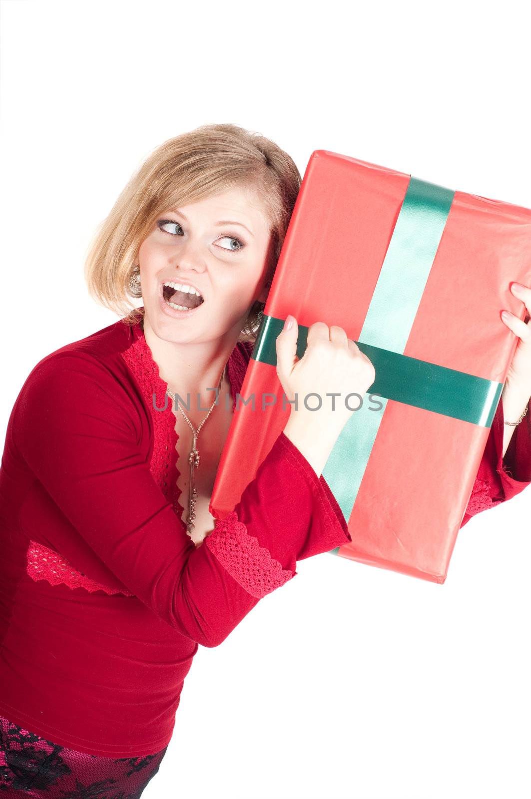 Happy woman with Christmas presents isolated on white