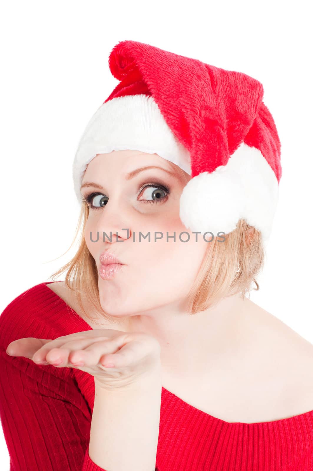 Portrait of beautiful woman santa isolated on white