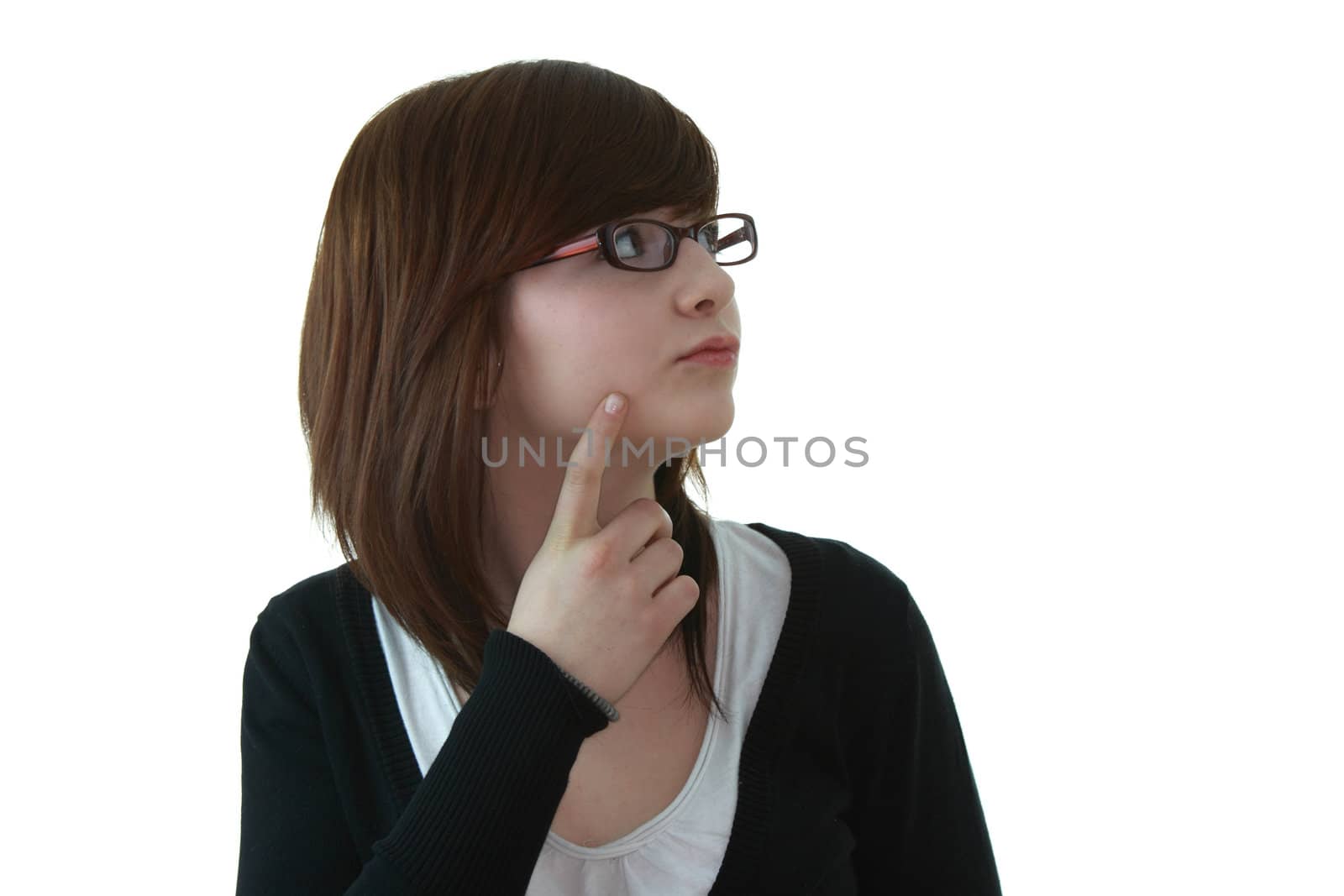 Portrait of young beautiful female teenager in glasses isolated on white background