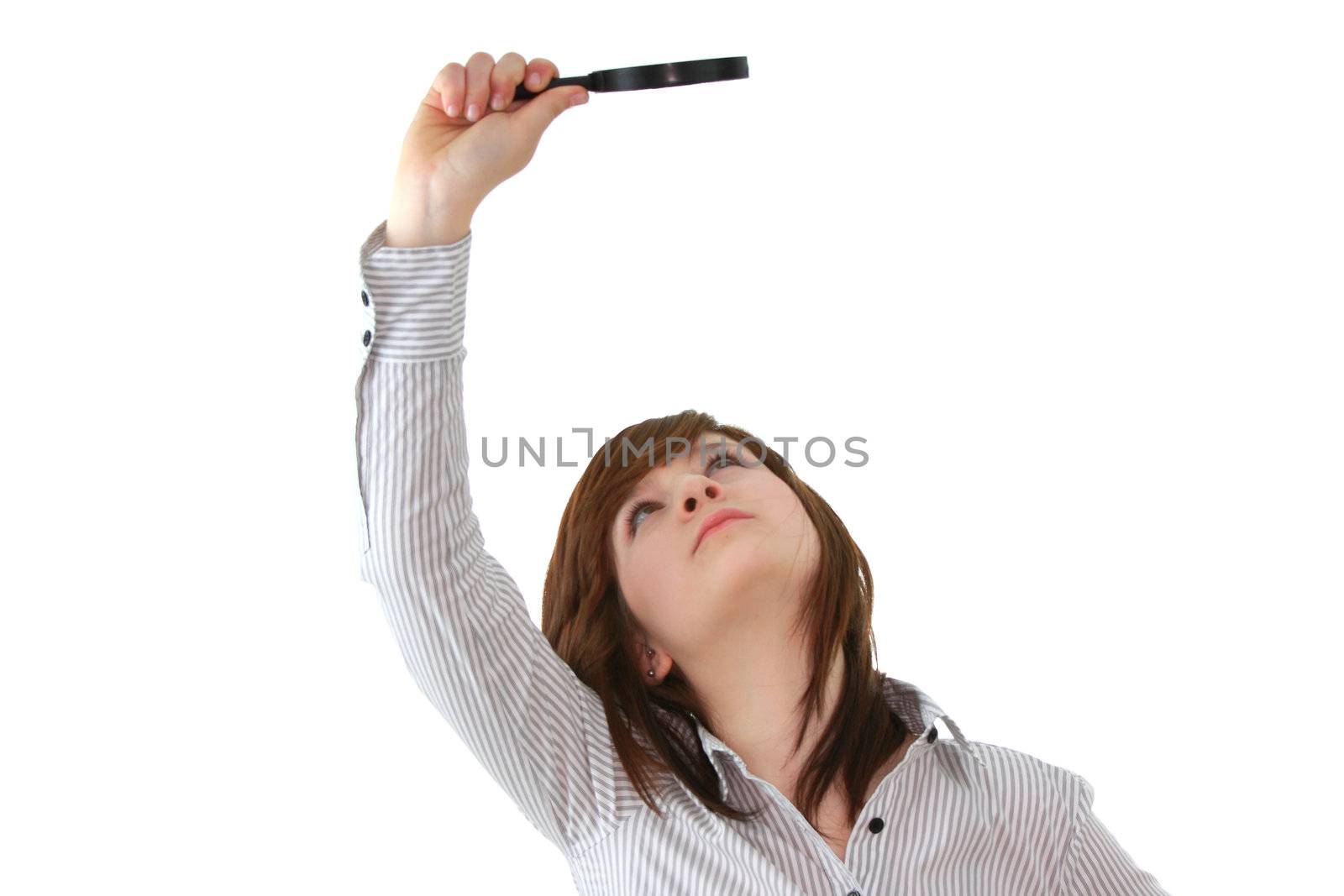 Young student with magnifier isolated on white background