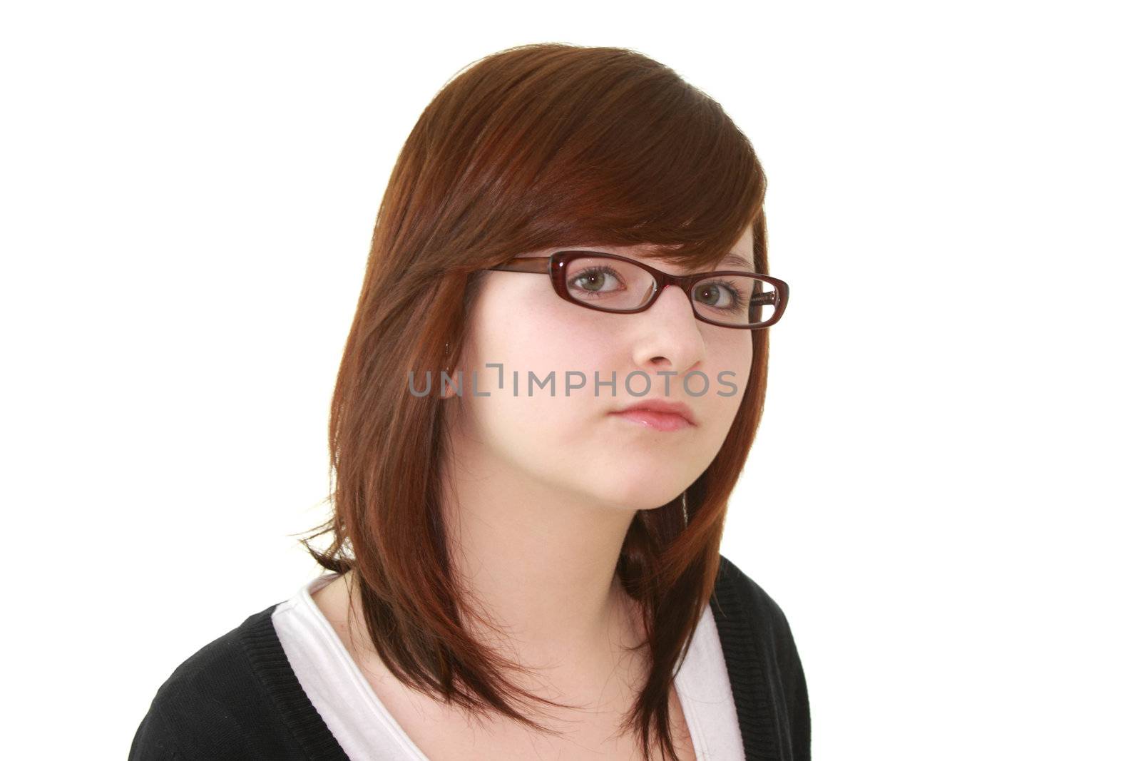 Portrait of young beautiful female teenager in glasses isolated on white background