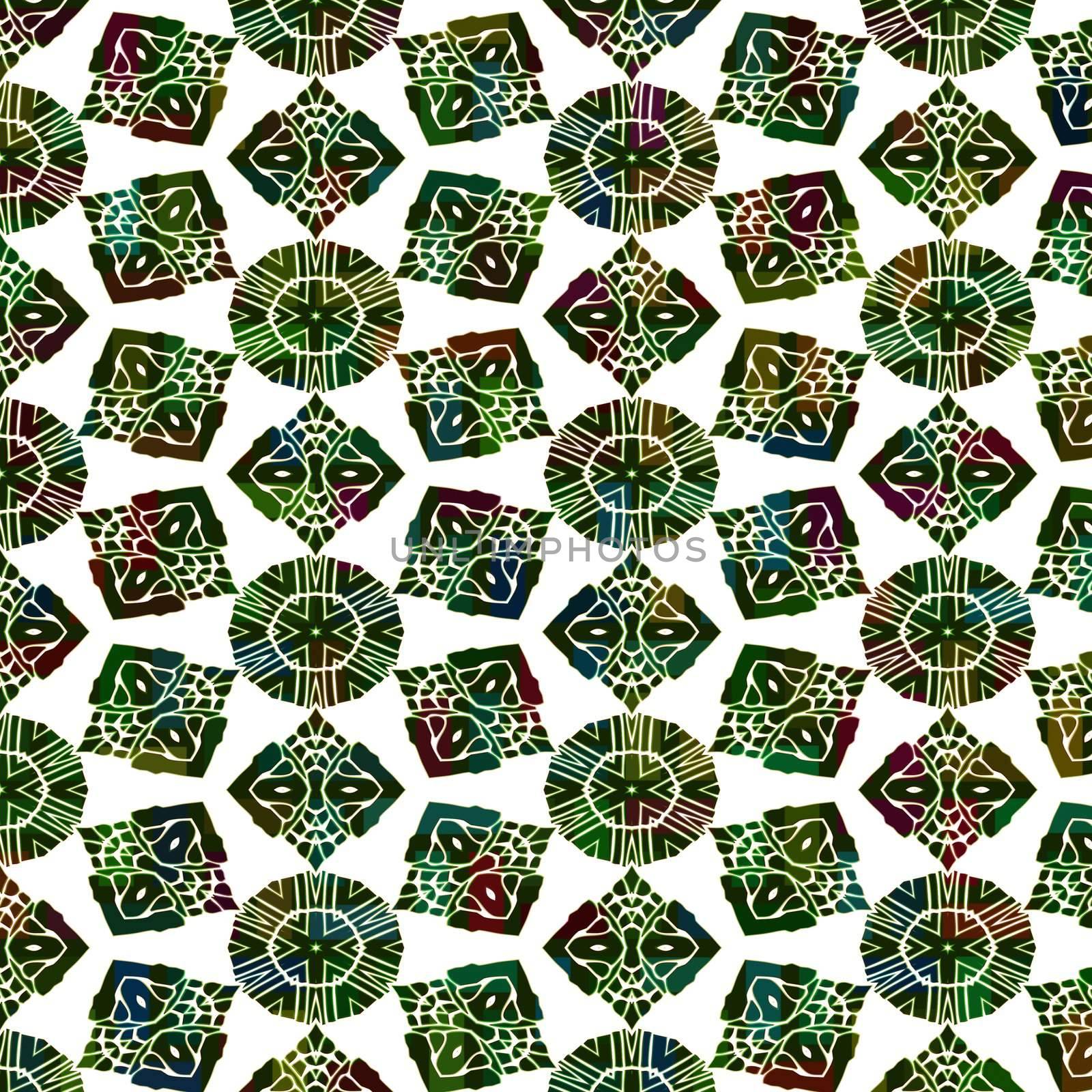 seamless texture of abstracted olive green shapes in tribal style