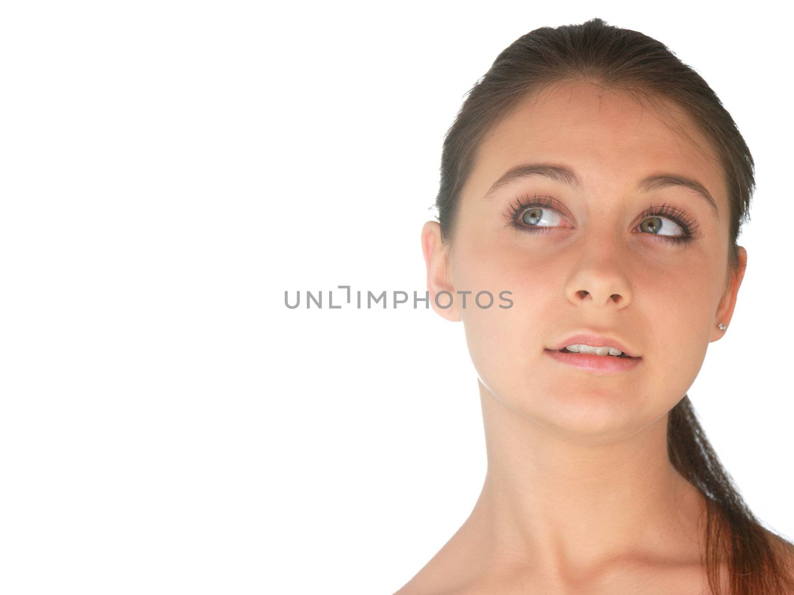 Portrait of young woman with health skin of face isolated on white background