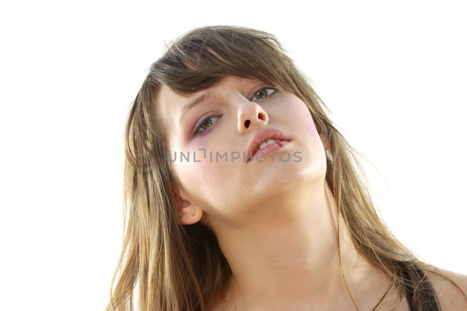 Abused girl over white background