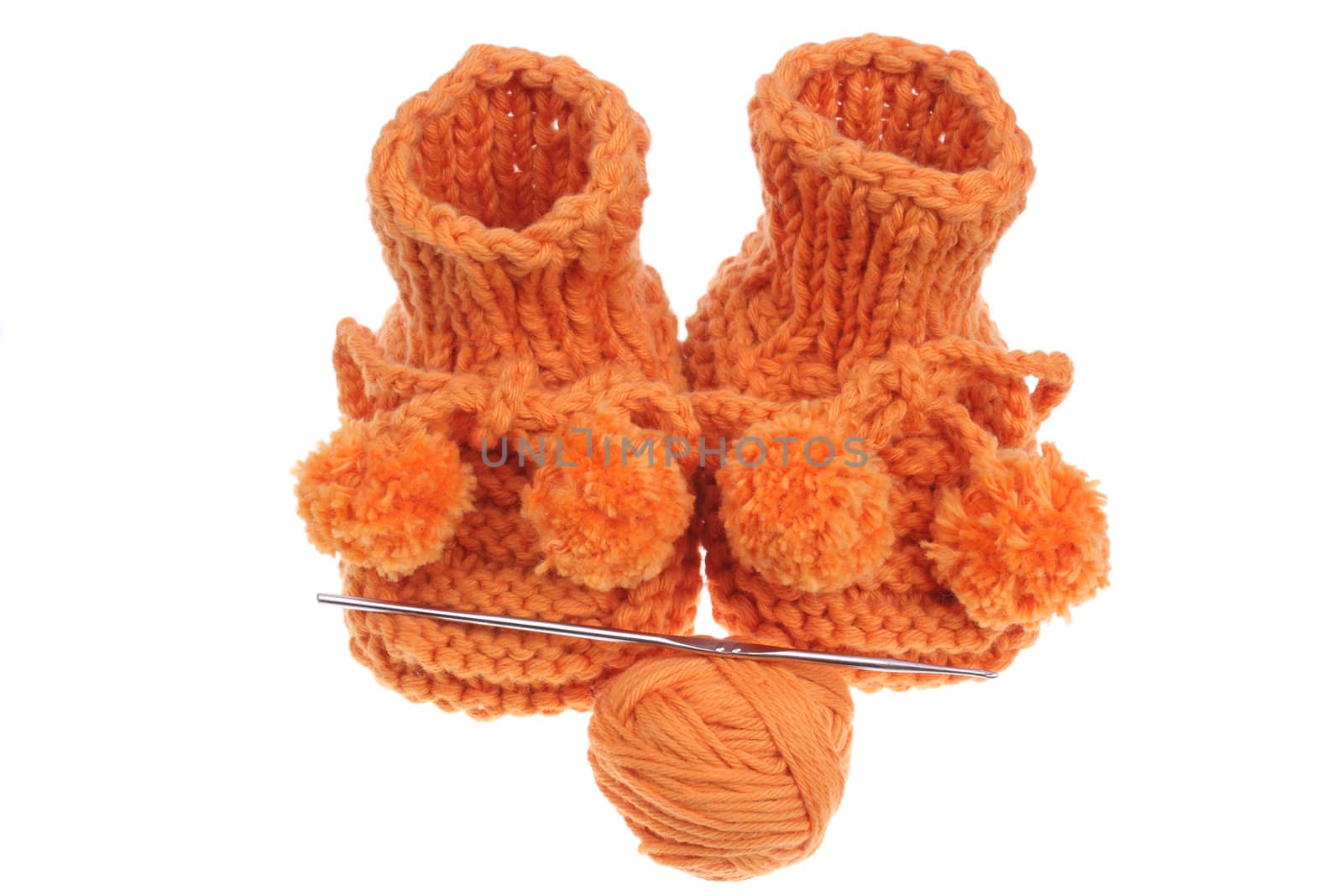 Close up look on woollen baby shoes isolated in white.