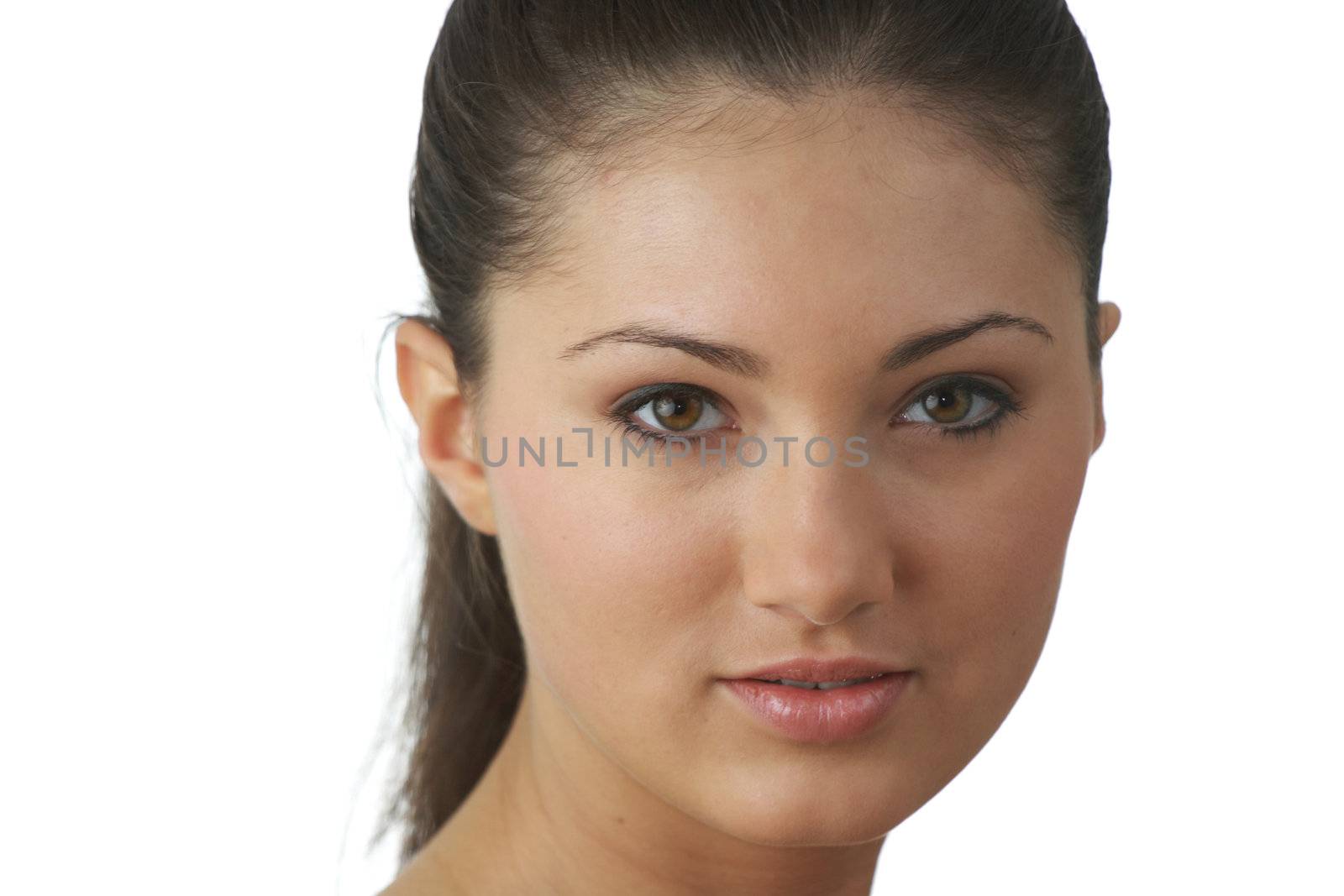 Portrait of young woman with health skin of face isolated on white background
