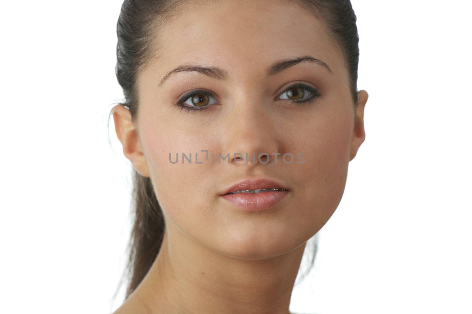 Portrait of young woman with health skin of face isolated on white background