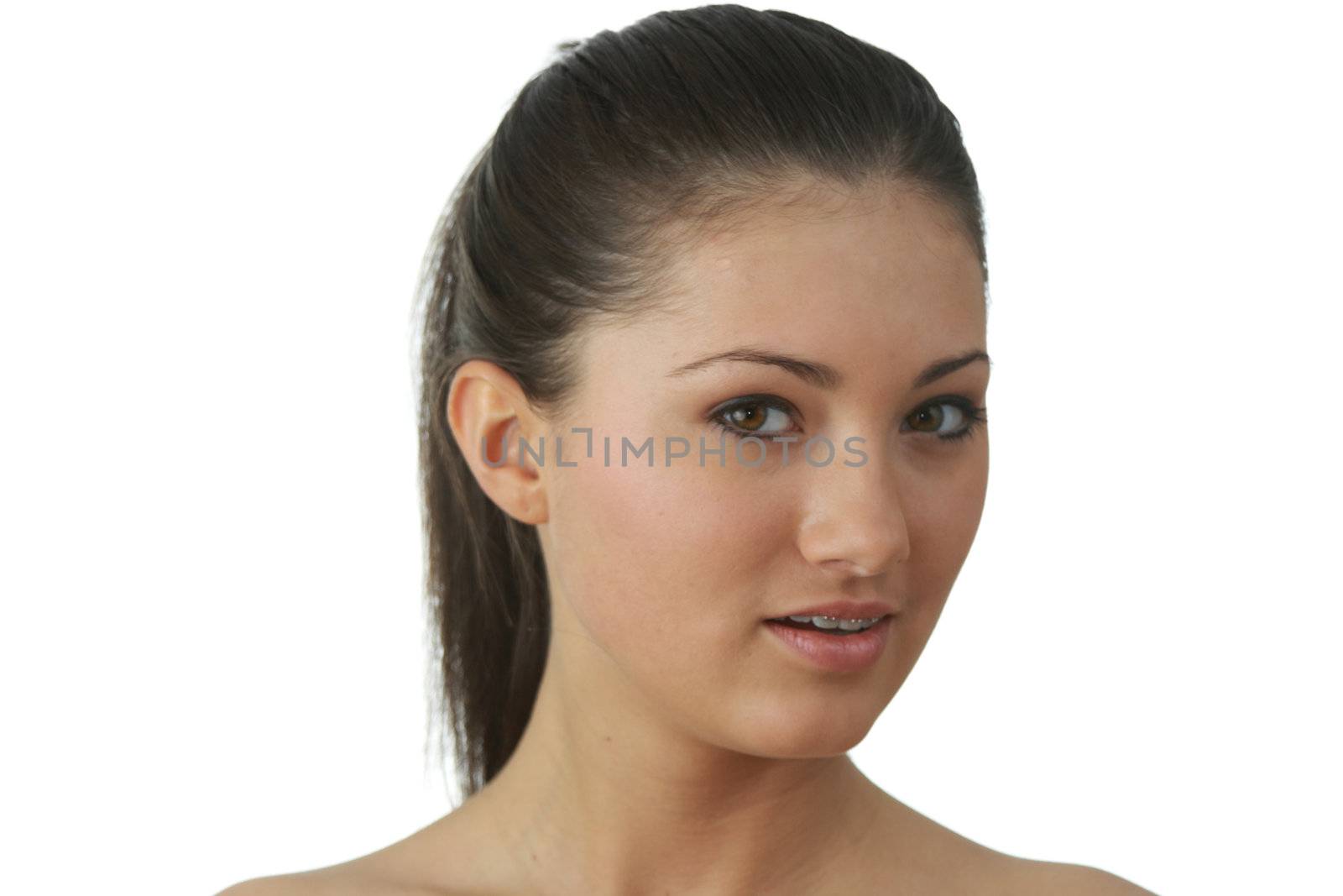 Portrait of young woman with health skin of face isolated on white background