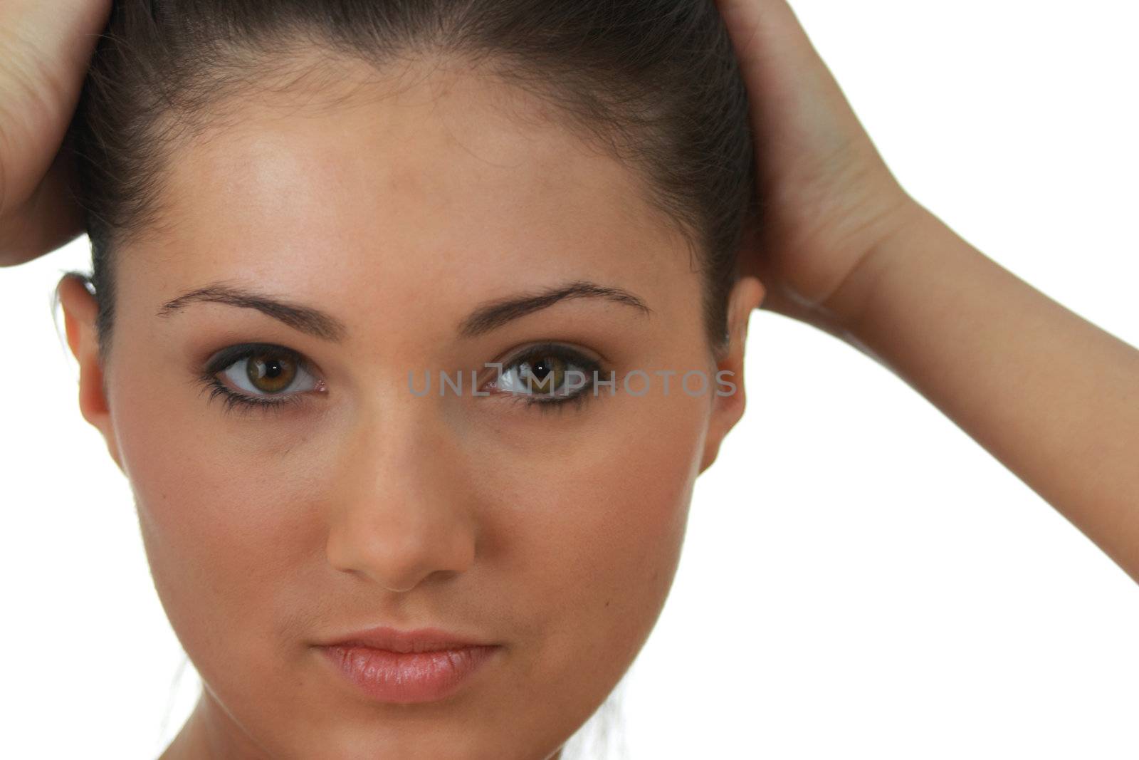 Portrait of young woman with health skin of face isolated on white background