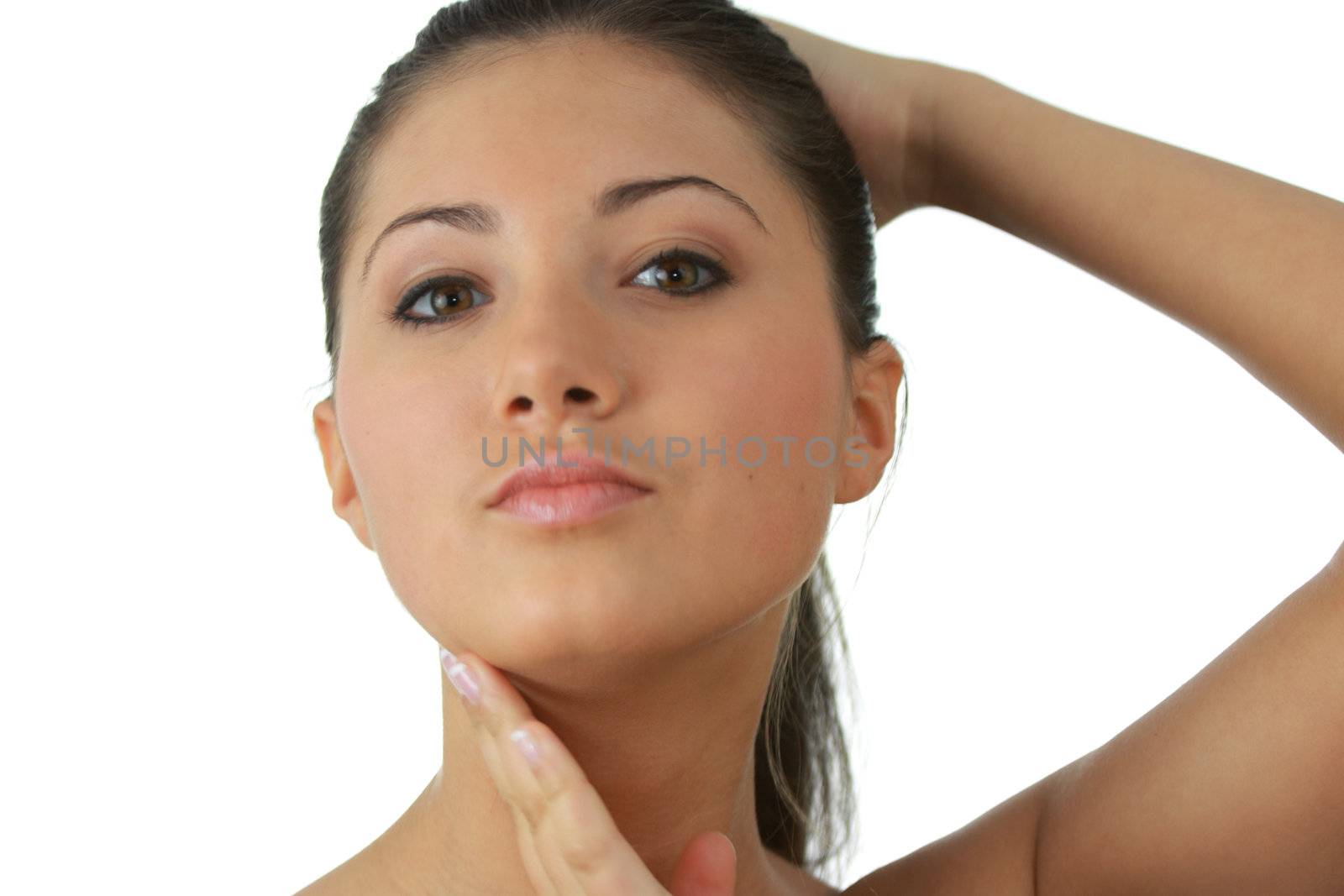 Portrait of young woman with health skin of face isolated on white background