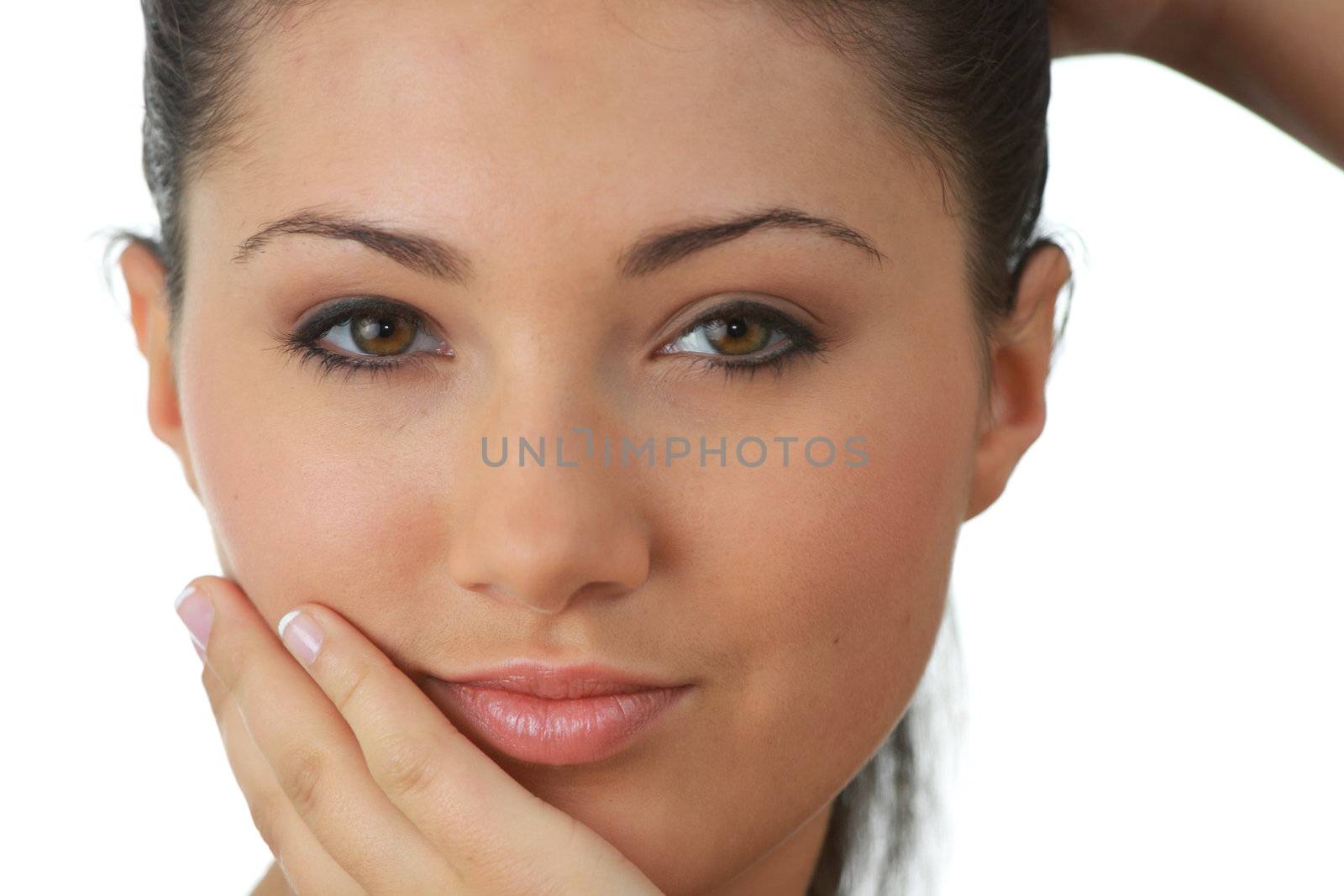 Portrait of young woman with health skin of face isolated on white background