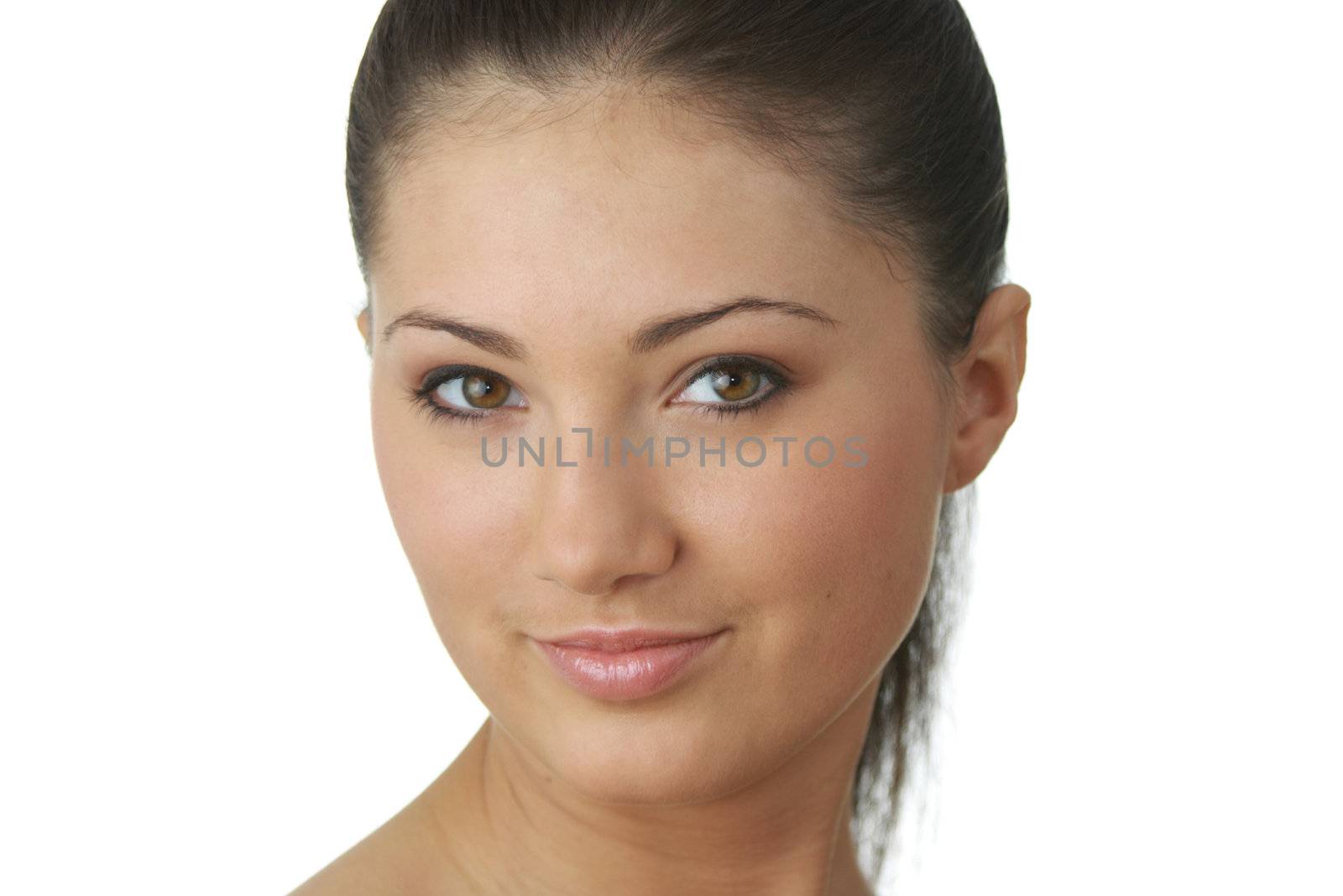 Portrait of young woman with health skin of face isolated on white background