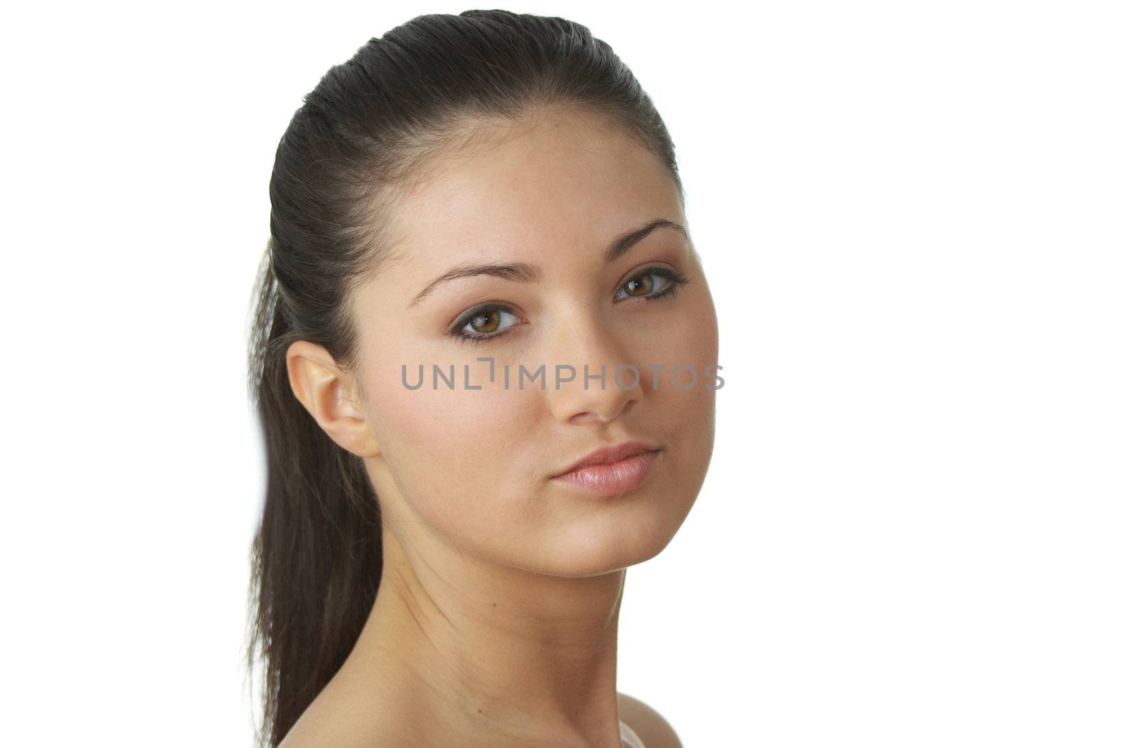 Portrait of young woman with health skin of face isolated on white background