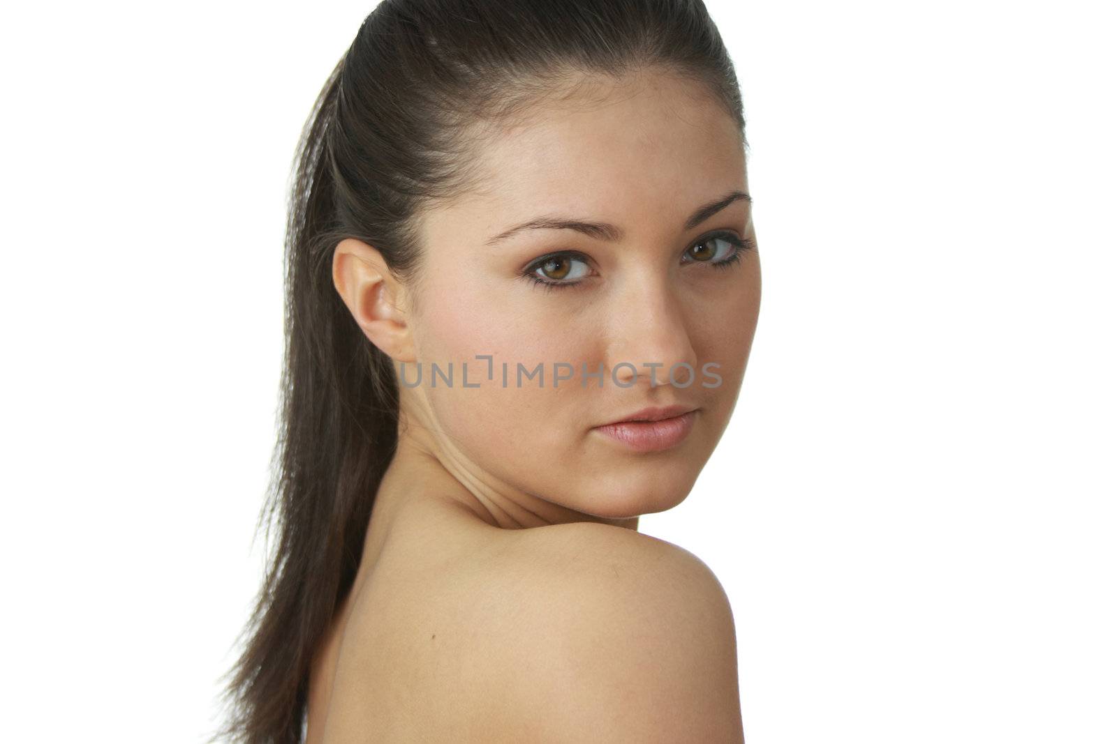 Portrait of young woman with health skin of face isolated on white background