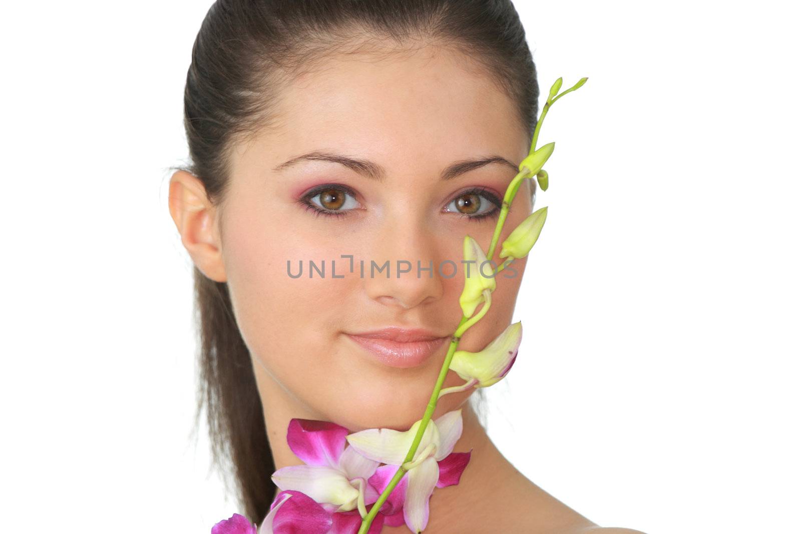 Beauteful spa girl with orchid isolated on white background