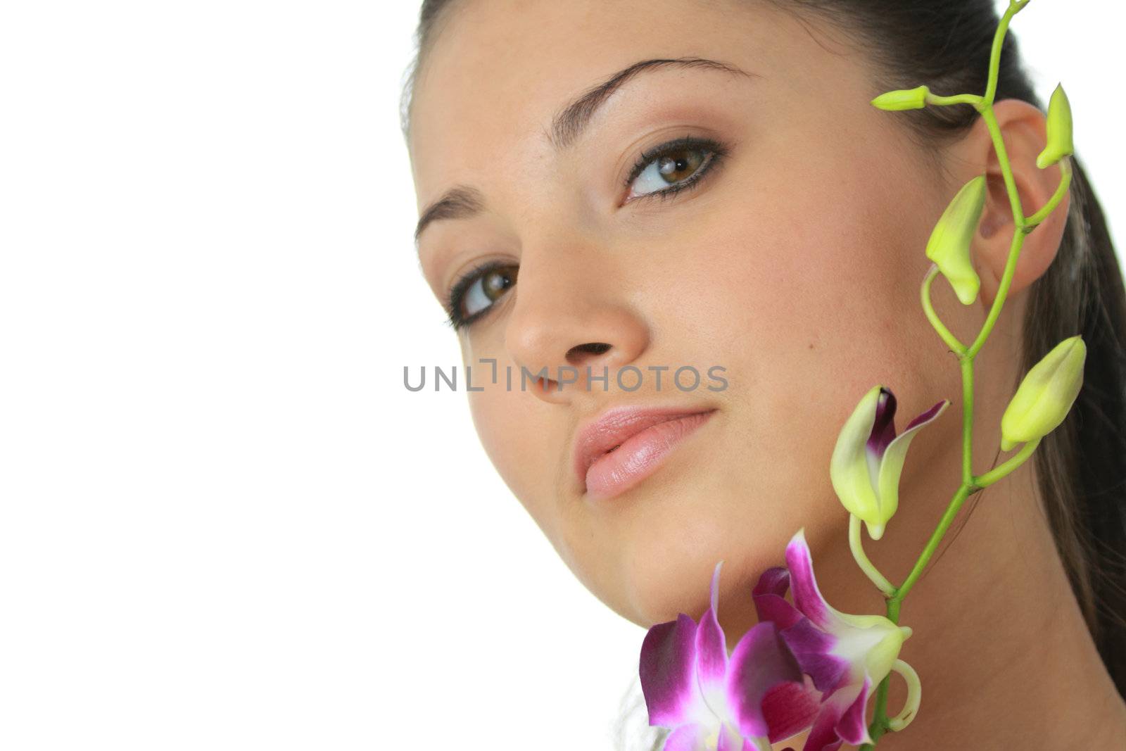 Beauteful spa girl with orchid isolated on white background