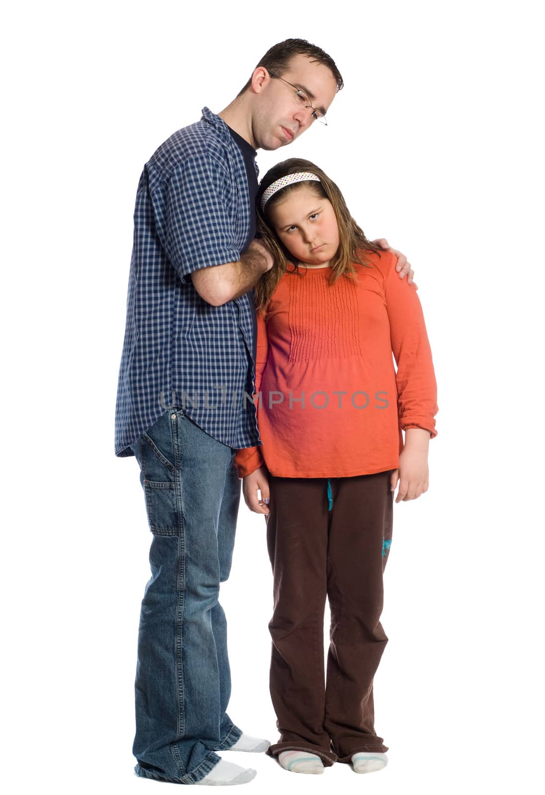 Full body view of a father comforting his daughter, isolated against a white background