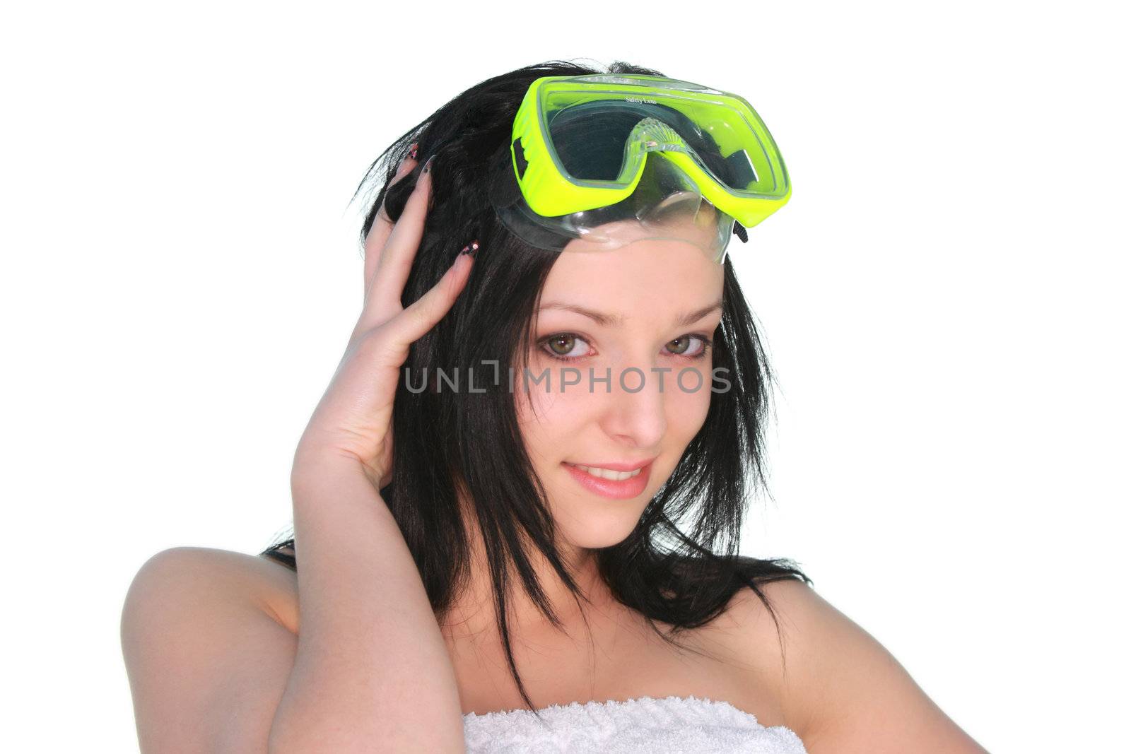 Young beautiful girl in diving mask isolated on white background