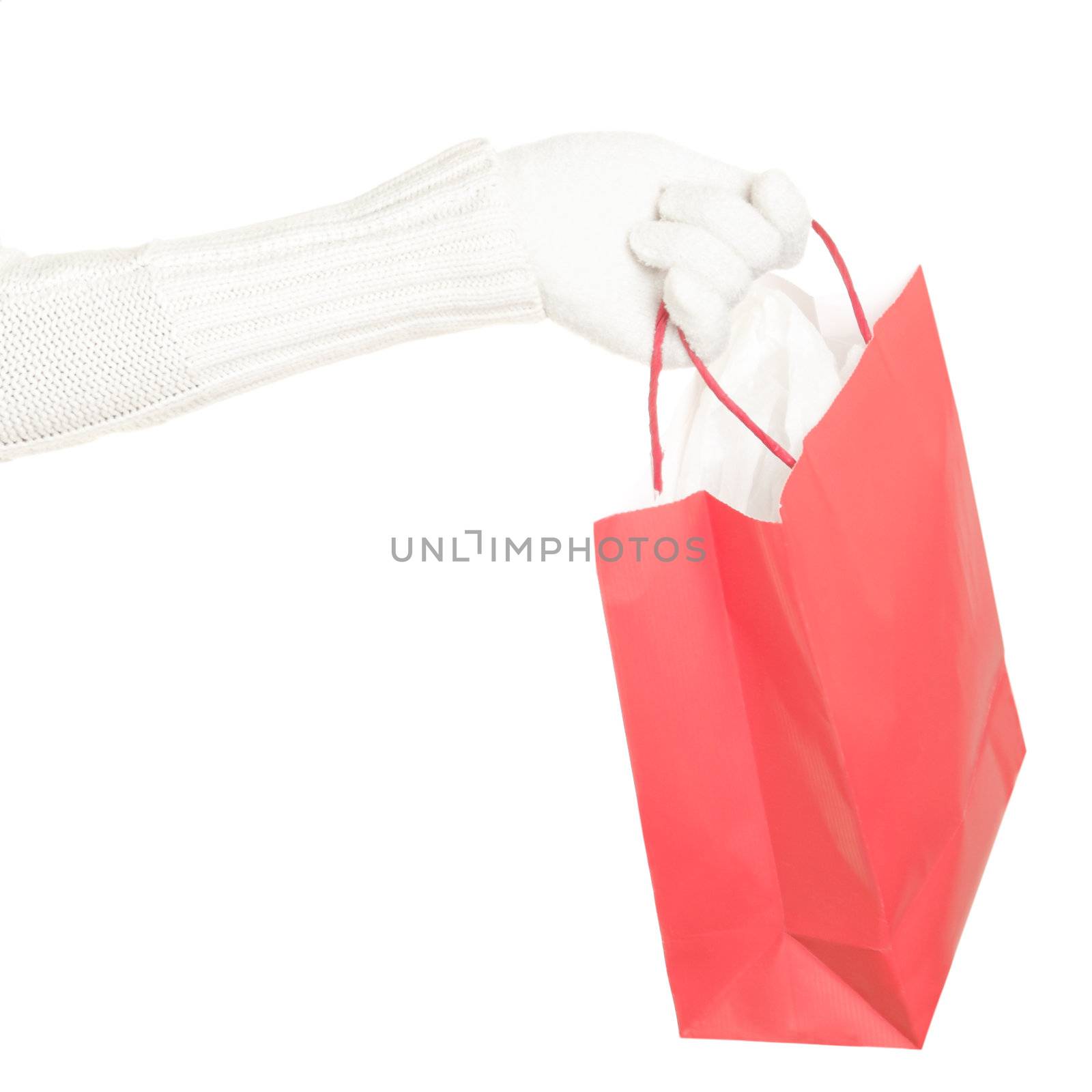 Red Christmas winter shopping bag isolated on white background.