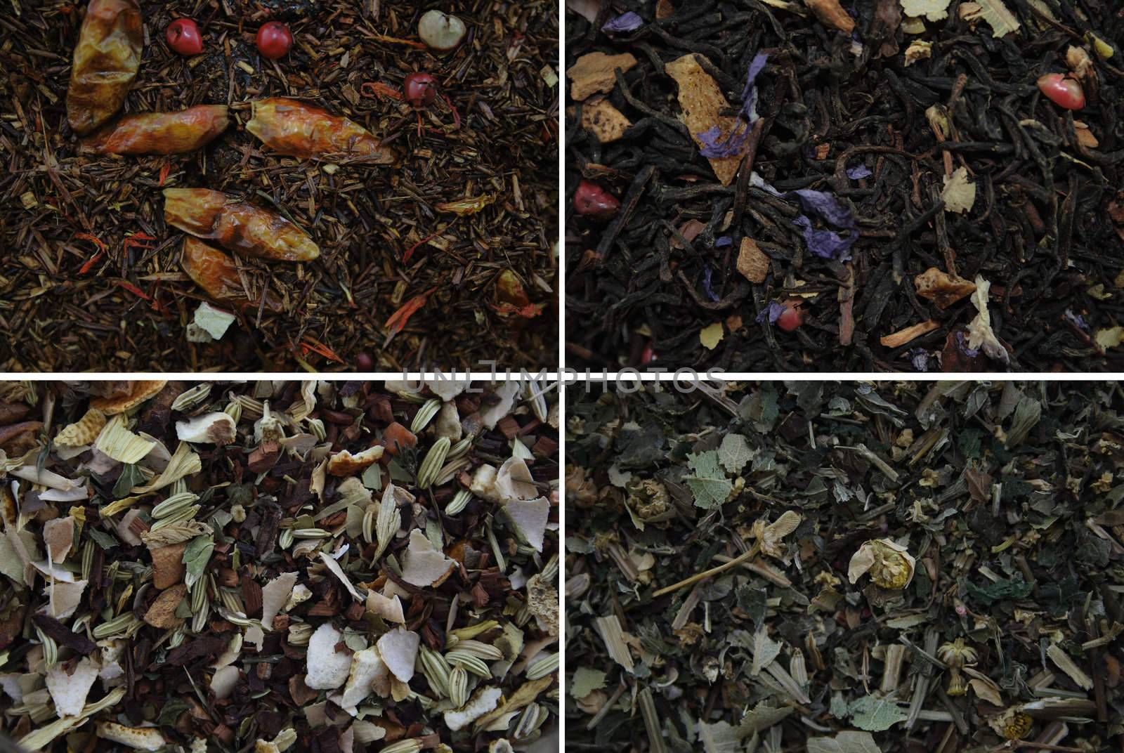 4 different tea leaves closeup