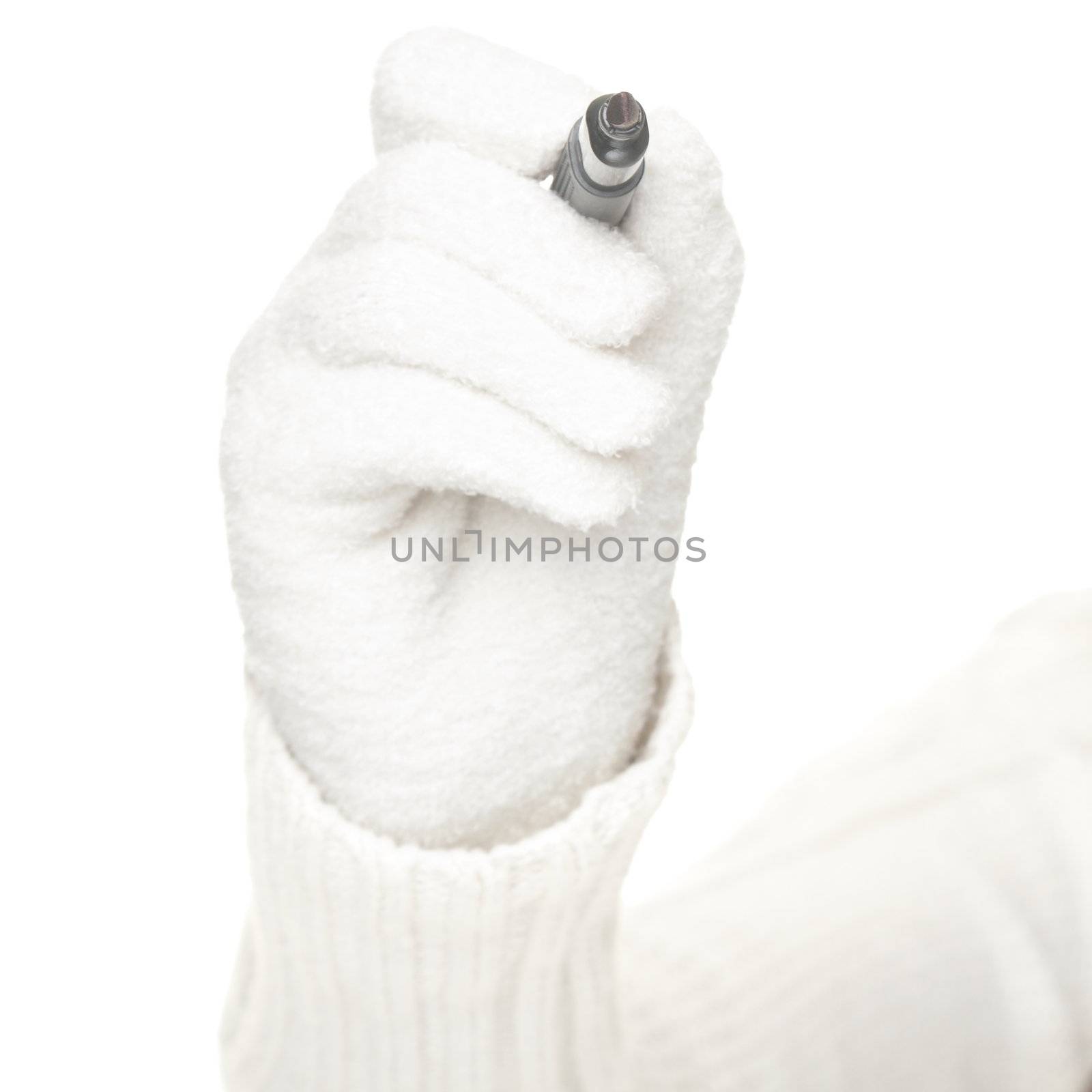 Hand in white glove drawing / writing with pen isolated on white background.