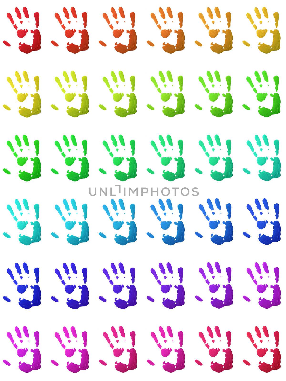 Colorful handprints of human hands on white.