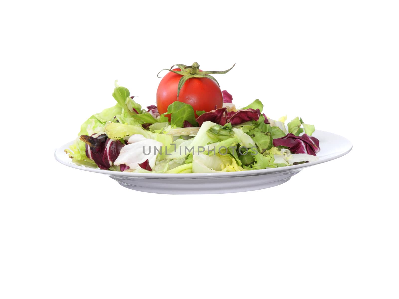 Vegetarian salad with tomato isolated on white background