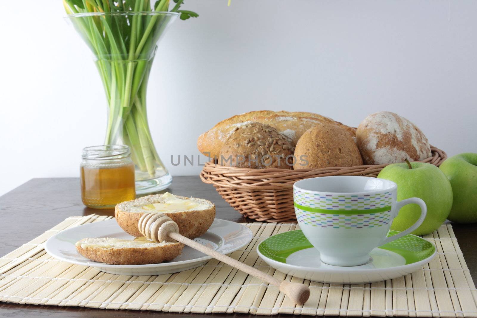 Fresh bread With Honey, cup of cofee And Green Apples