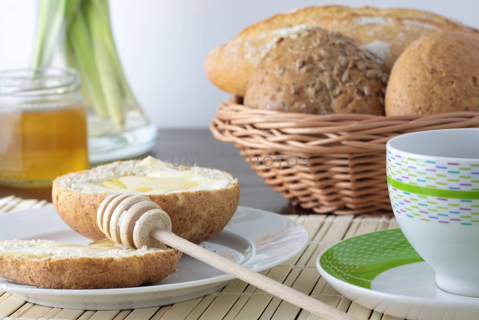 Fresh bread With Honey, cup of cofee And Green Apples