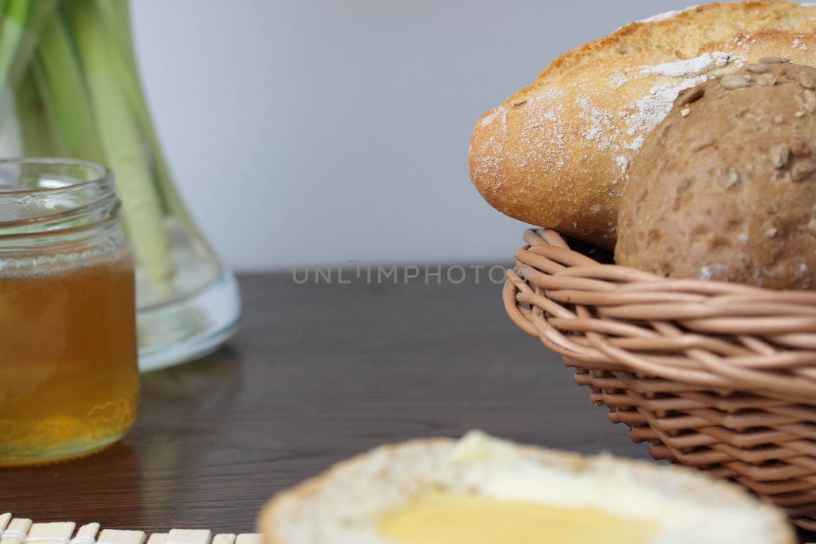 Fresh bread With Honey, cup of cofee And Green Apples