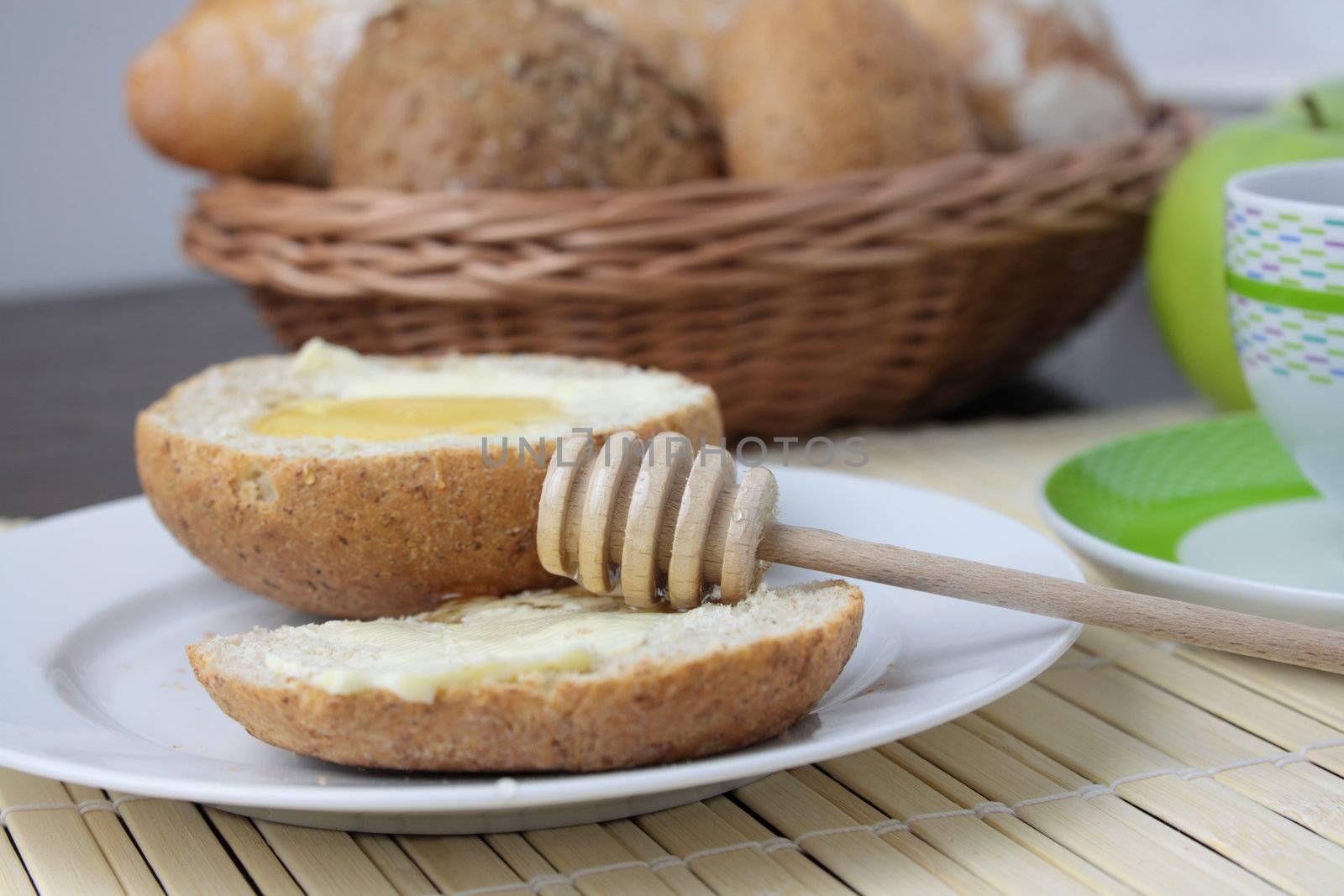 Fresh bread With Honey, cup of cofee And Green Apples