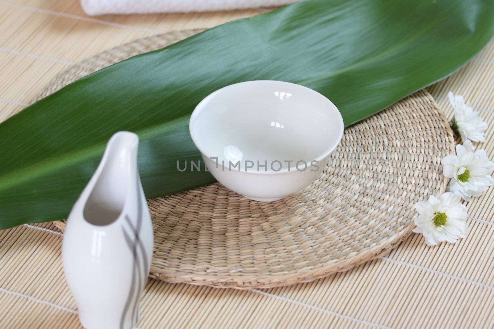 Tropical Spa background (green leaf, white flowers, oil)