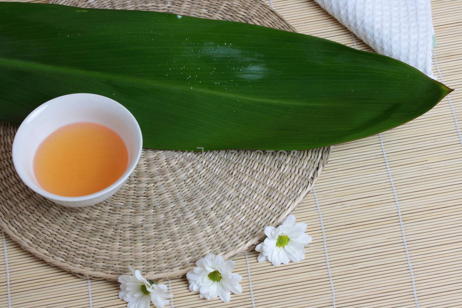 Tropical Spa background (green leaf, white flowers, oil)