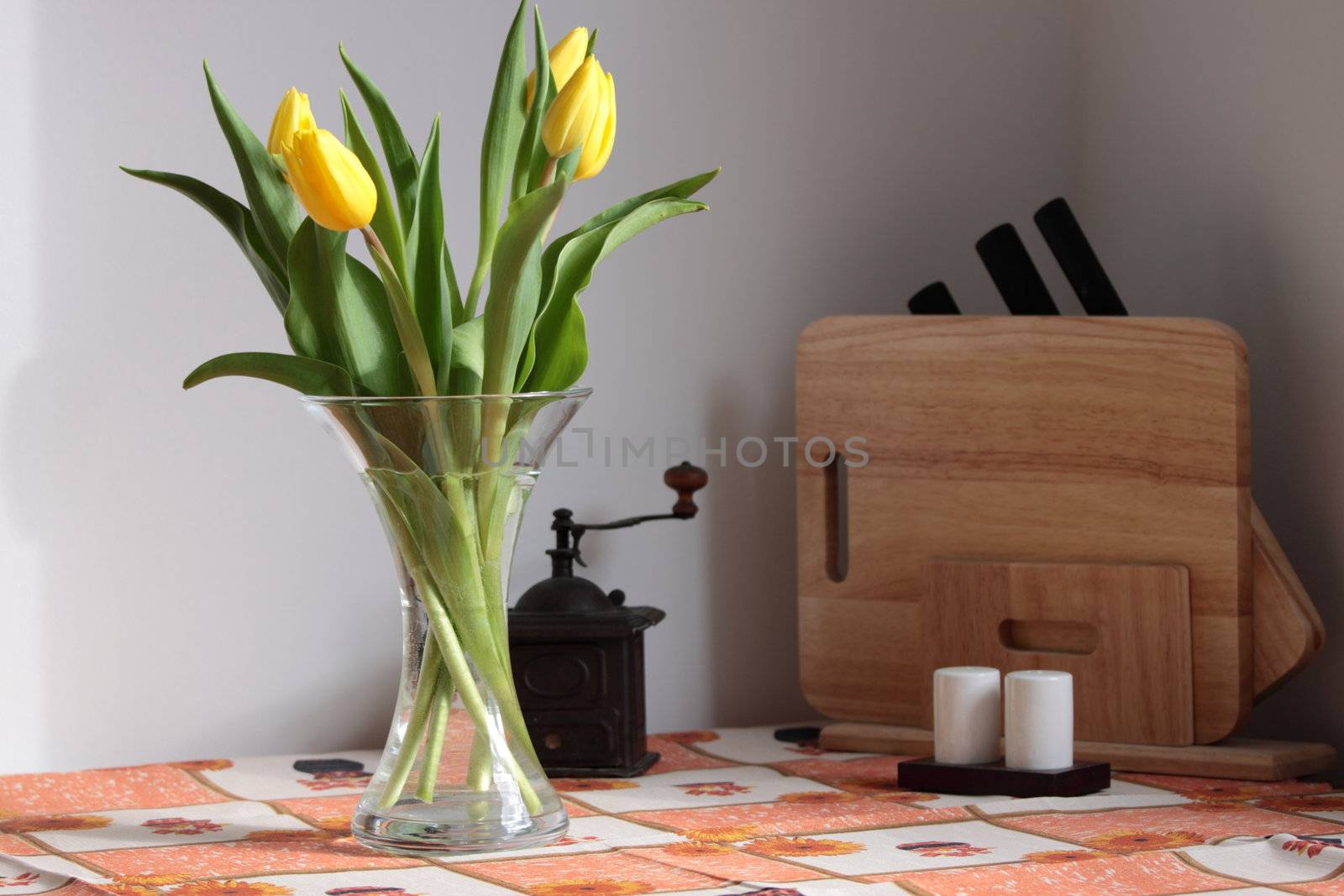 tulips on kitchen table