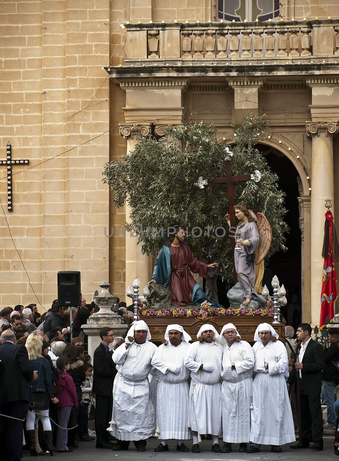 LUQA, MALTA - Friday 10th April 2009 - Religious statue and bearers during the Good Friday procession in Malta