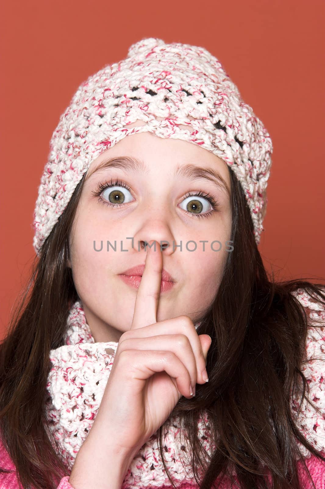 portrait of pretty girl gestures for silence, shhh�