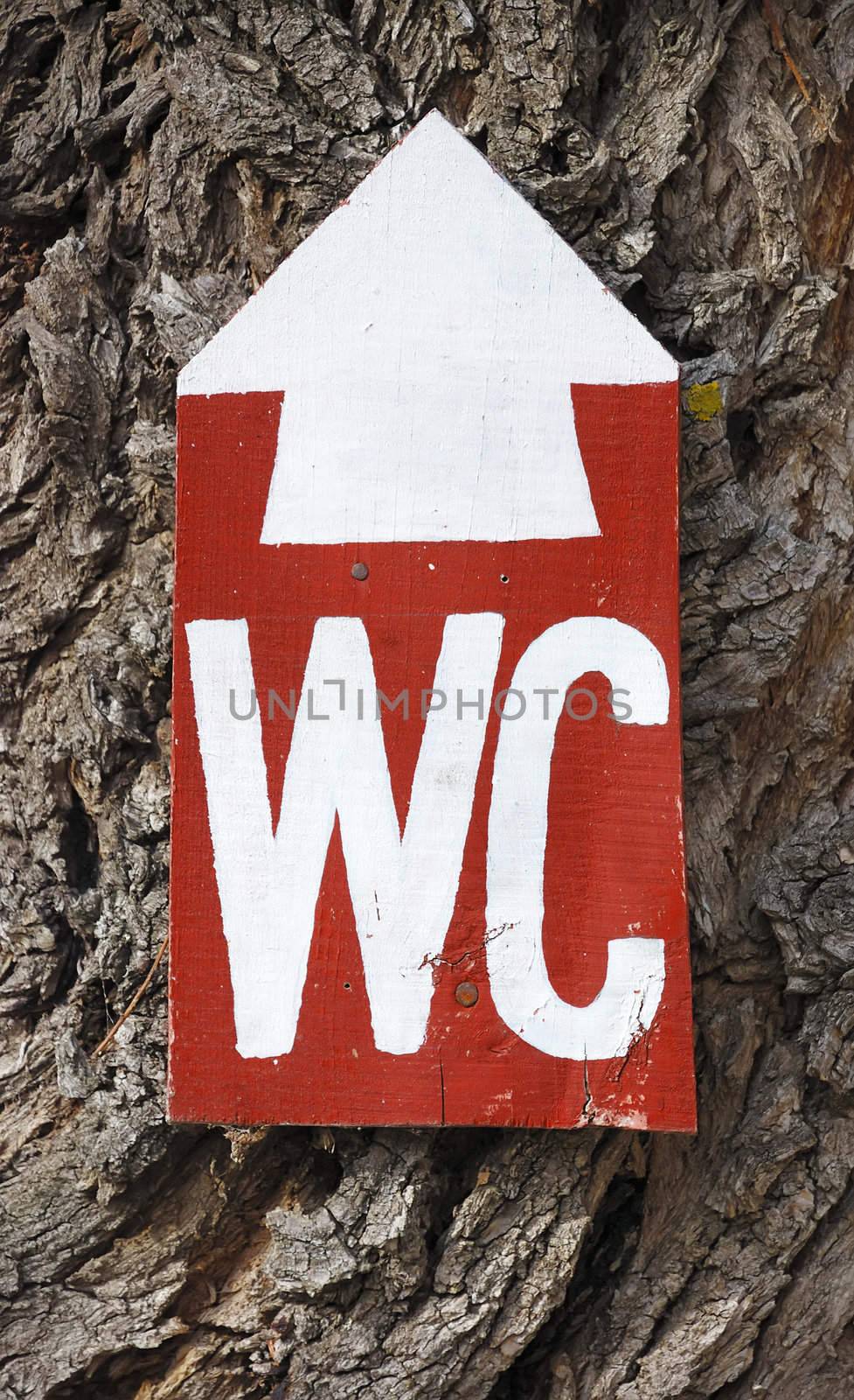 WC sign in a park on a tree trunk.