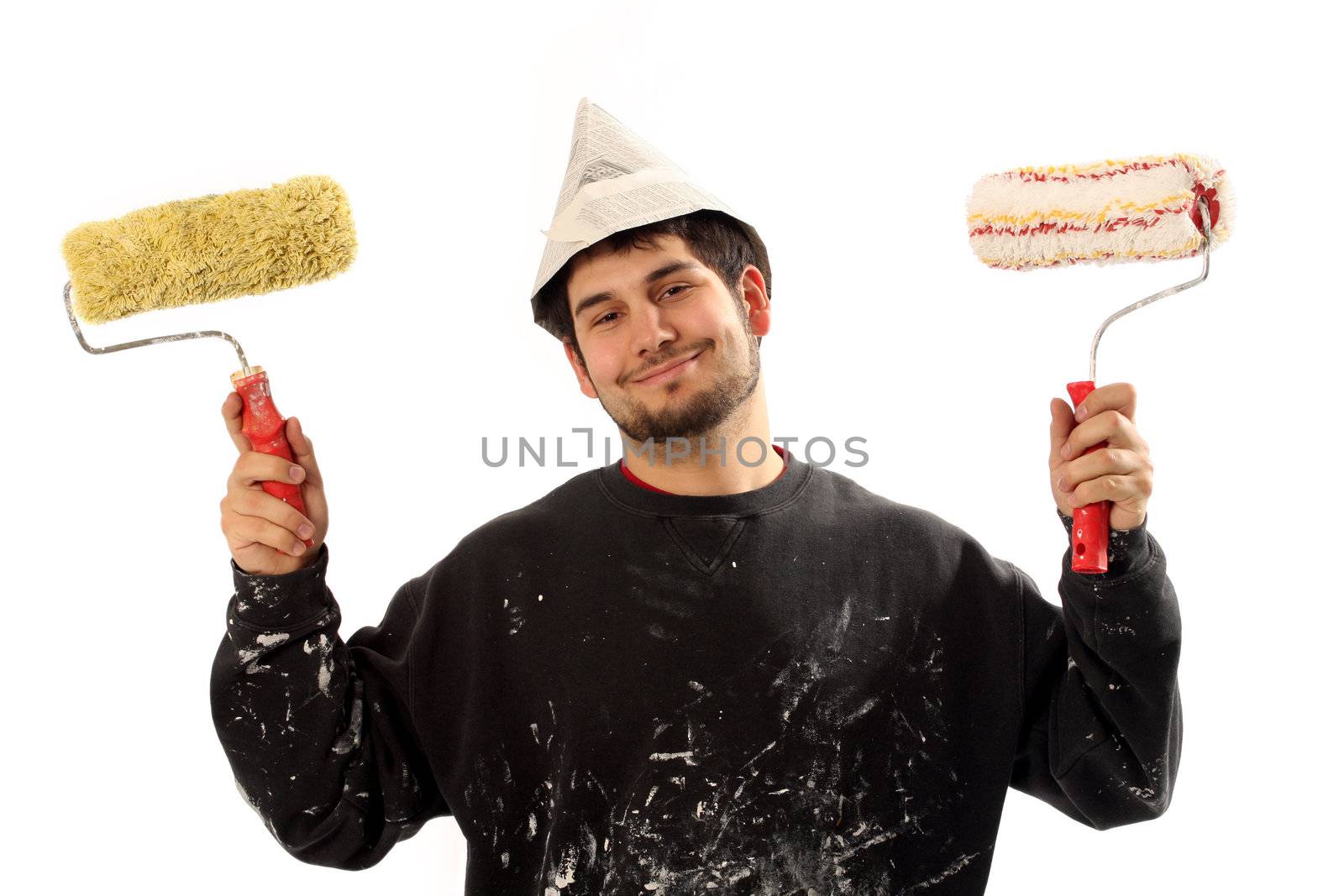 house painter with paint roller on white background