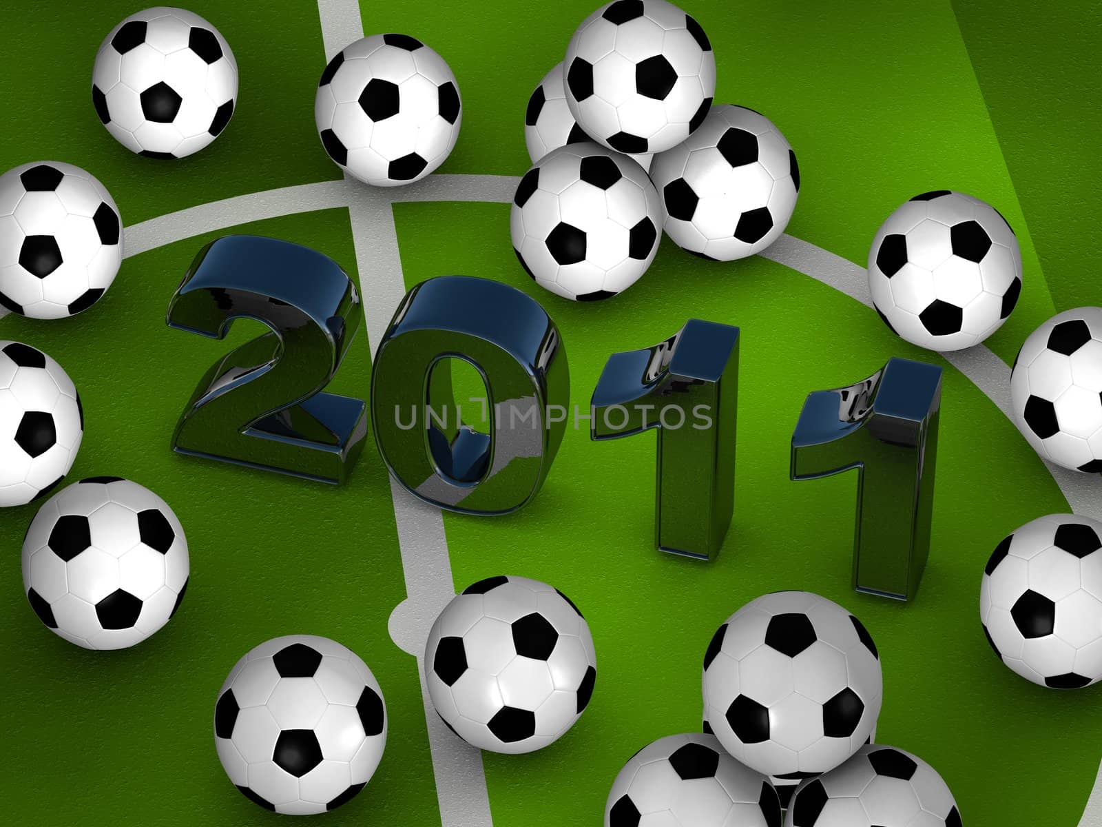 Many soccerballs with 2011 in center on a green playground