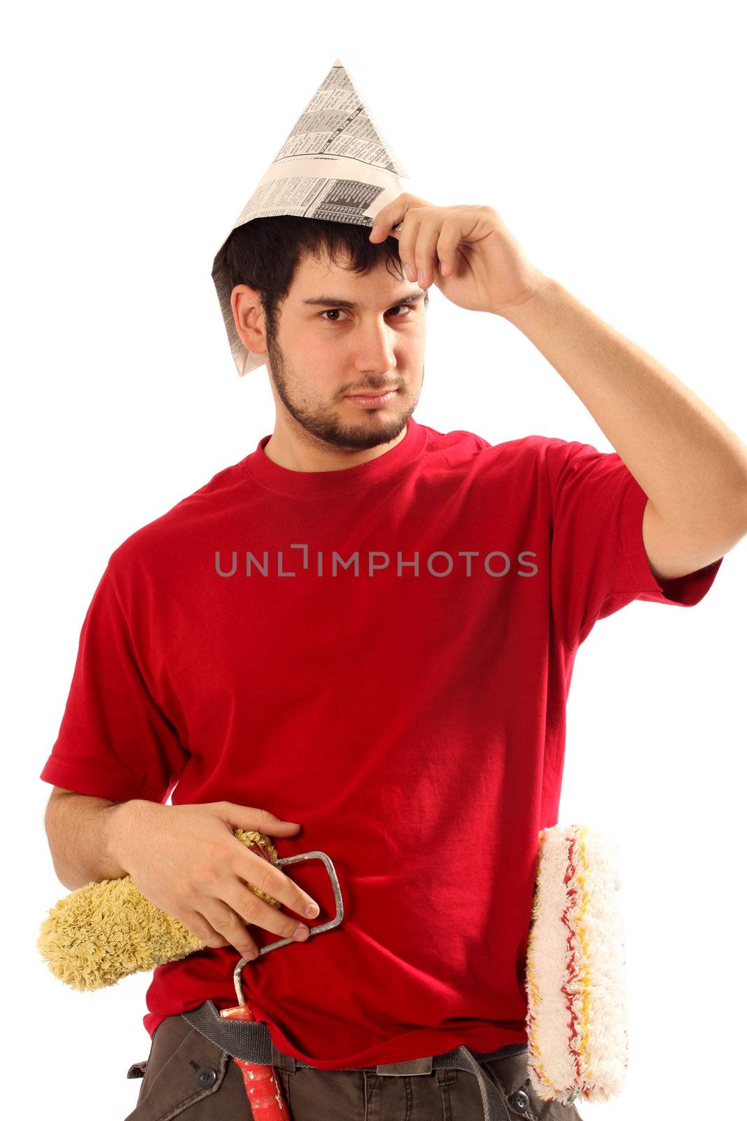 house painter with paint roller on white background